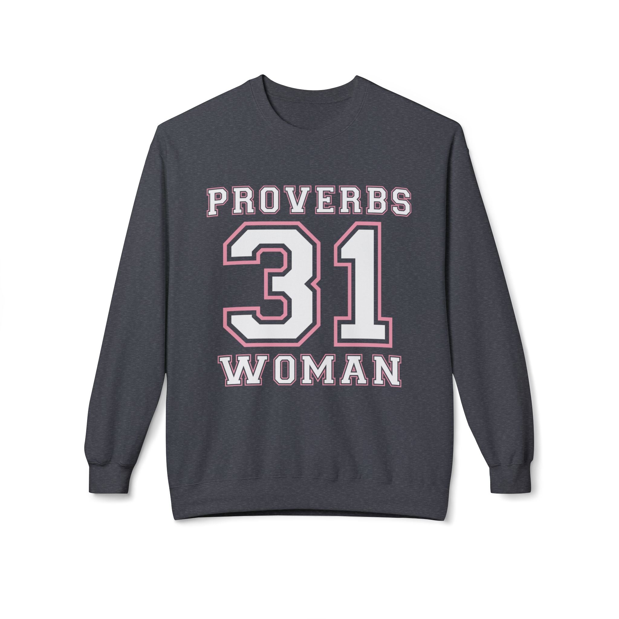 Unisex midweight softstyle fleece crewneck sweatshirt with Proverbs 31 Woman design, in navy blue, comfortable and stylish.