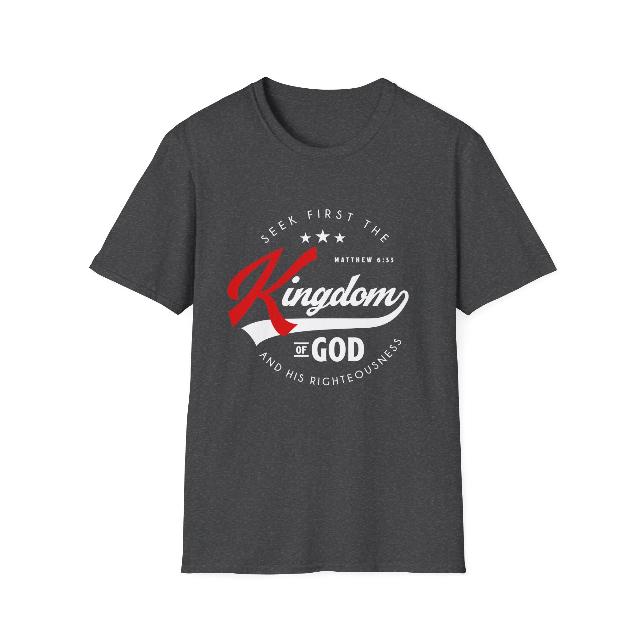 Unisex softstyle T-shirt with "Seek First the Kingdom of God" printed slogan, made by Printify, shown in a front view.