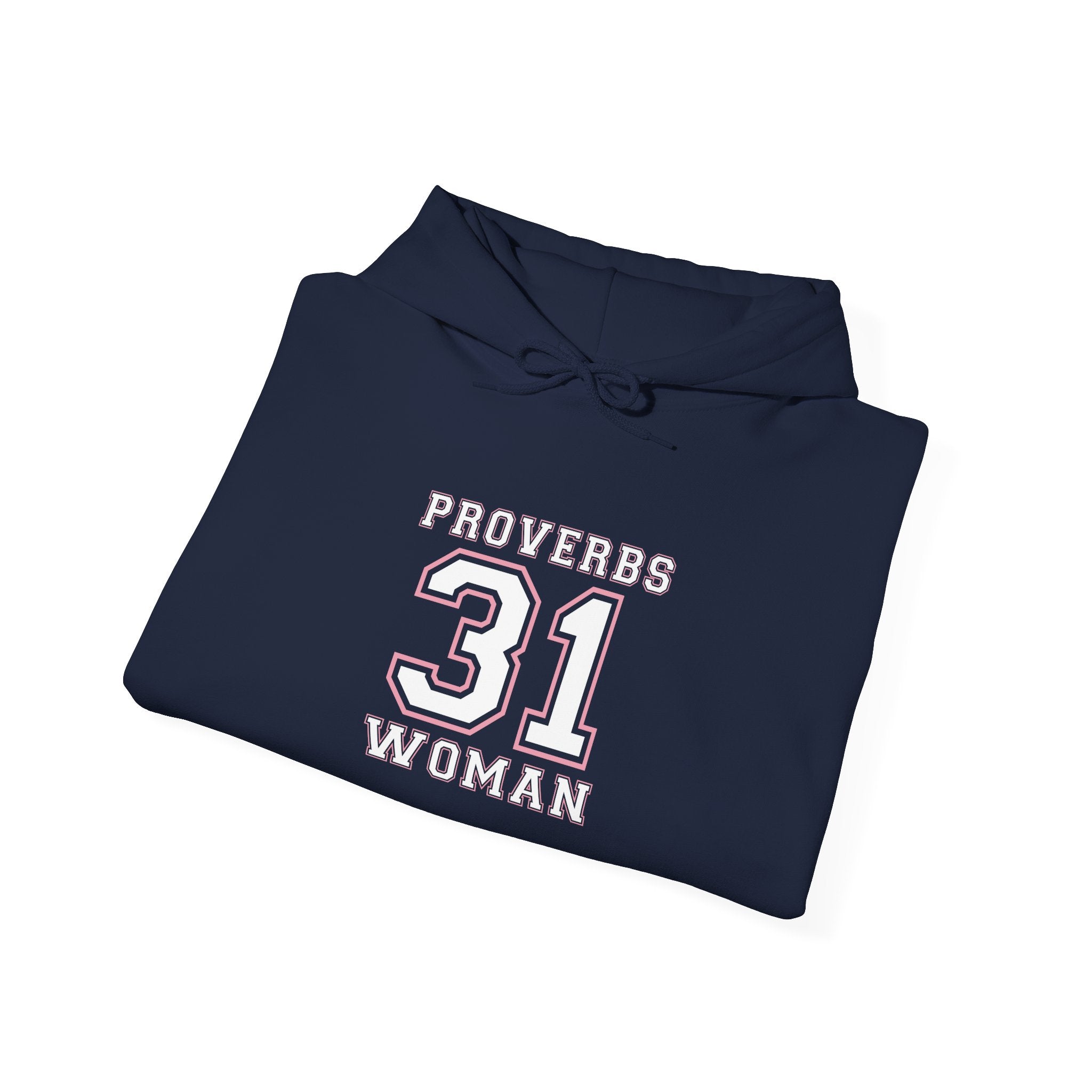 Unisex Heavy Blend hoodie featuring Proverbs 31 Woman design, printed by Printify, with a front pocket and hood.