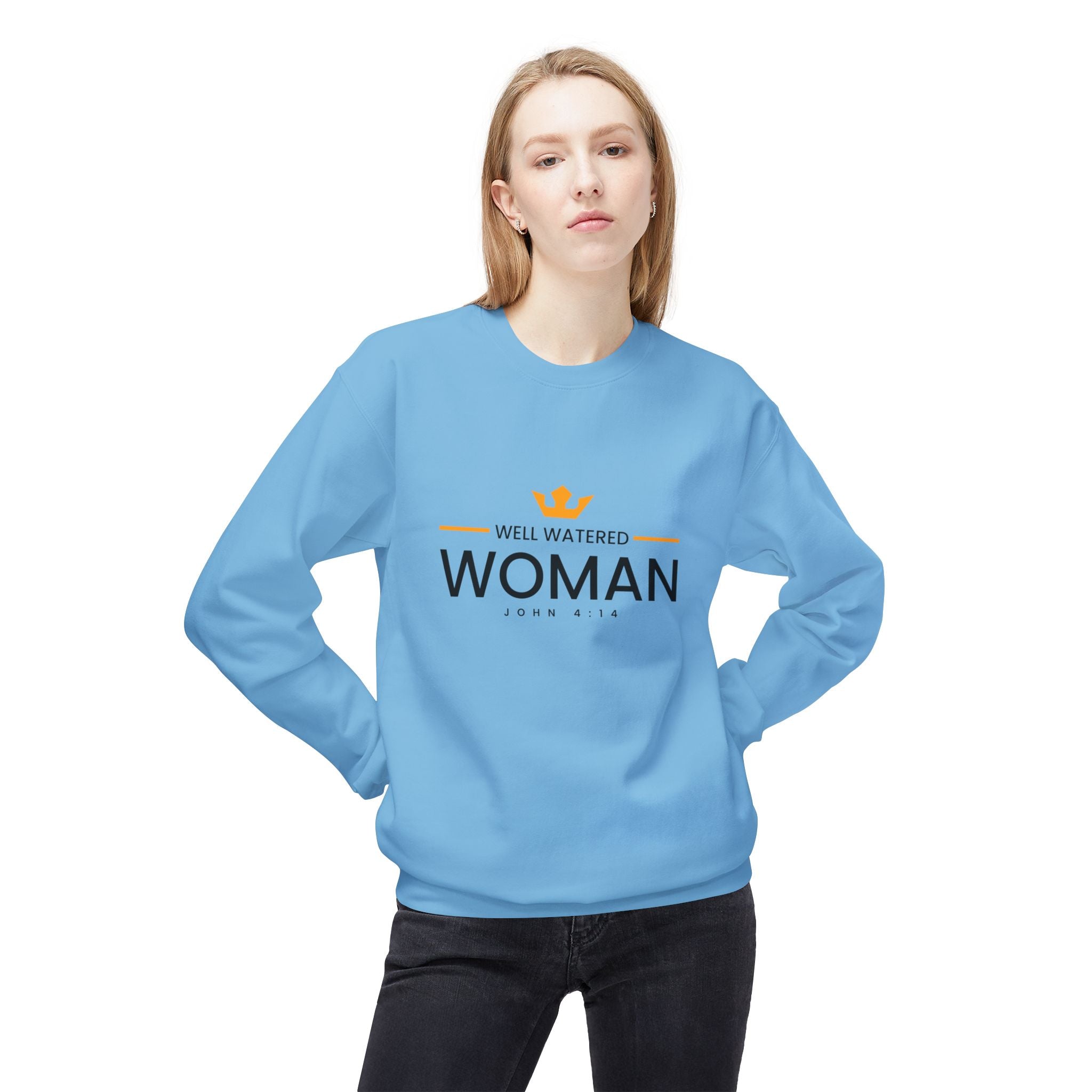 Unisex midweight softstyle fleece crewneck sweatshirt with "Well Watered Woman" design from Printify, shown in dark color.
