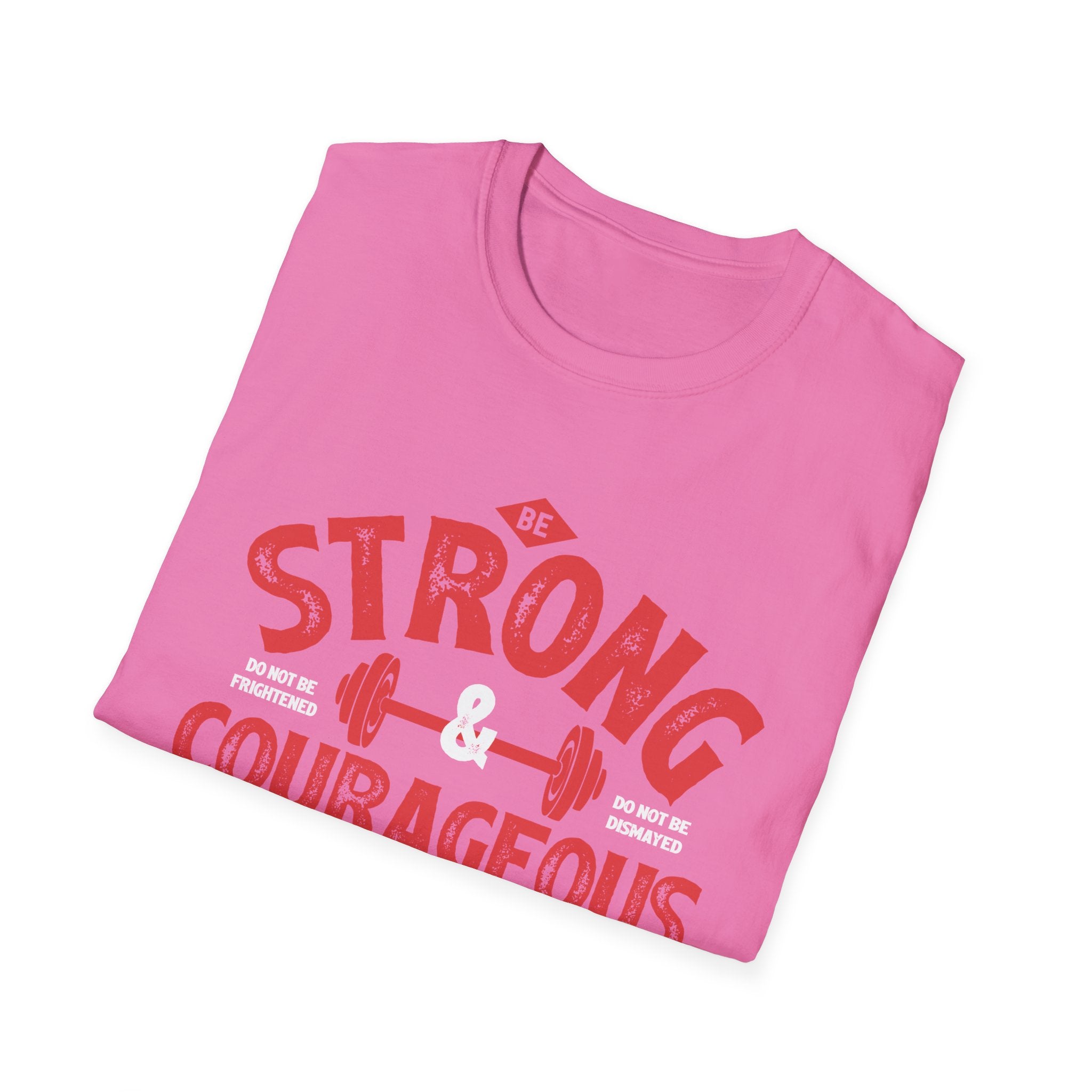Unisex softstyle T-shirt with "Be Strong and Courageous" print, casual fit, in a neutral color, by Printify.