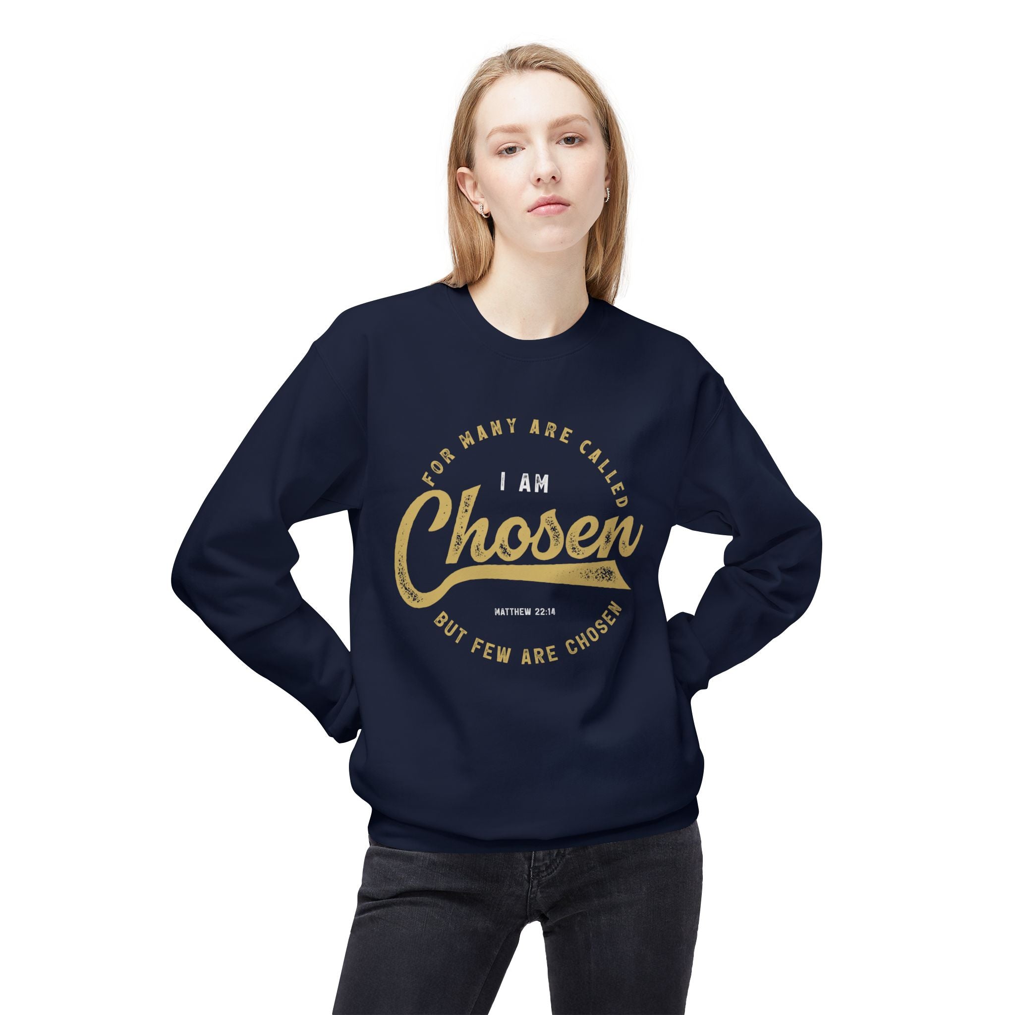 Unisex midweight softstyle fleece crewneck sweatshirt with "I Am Chosen" print, in a casual, comfortable style by Printify.