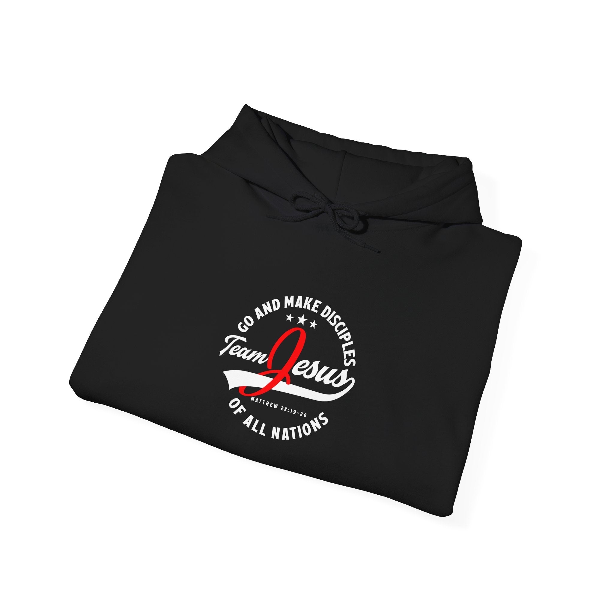 Unisex Heavy Blend™ Hoodie by Printify featuring "Team Jesus" design, black hoodie with front pocket and drawstring hood.