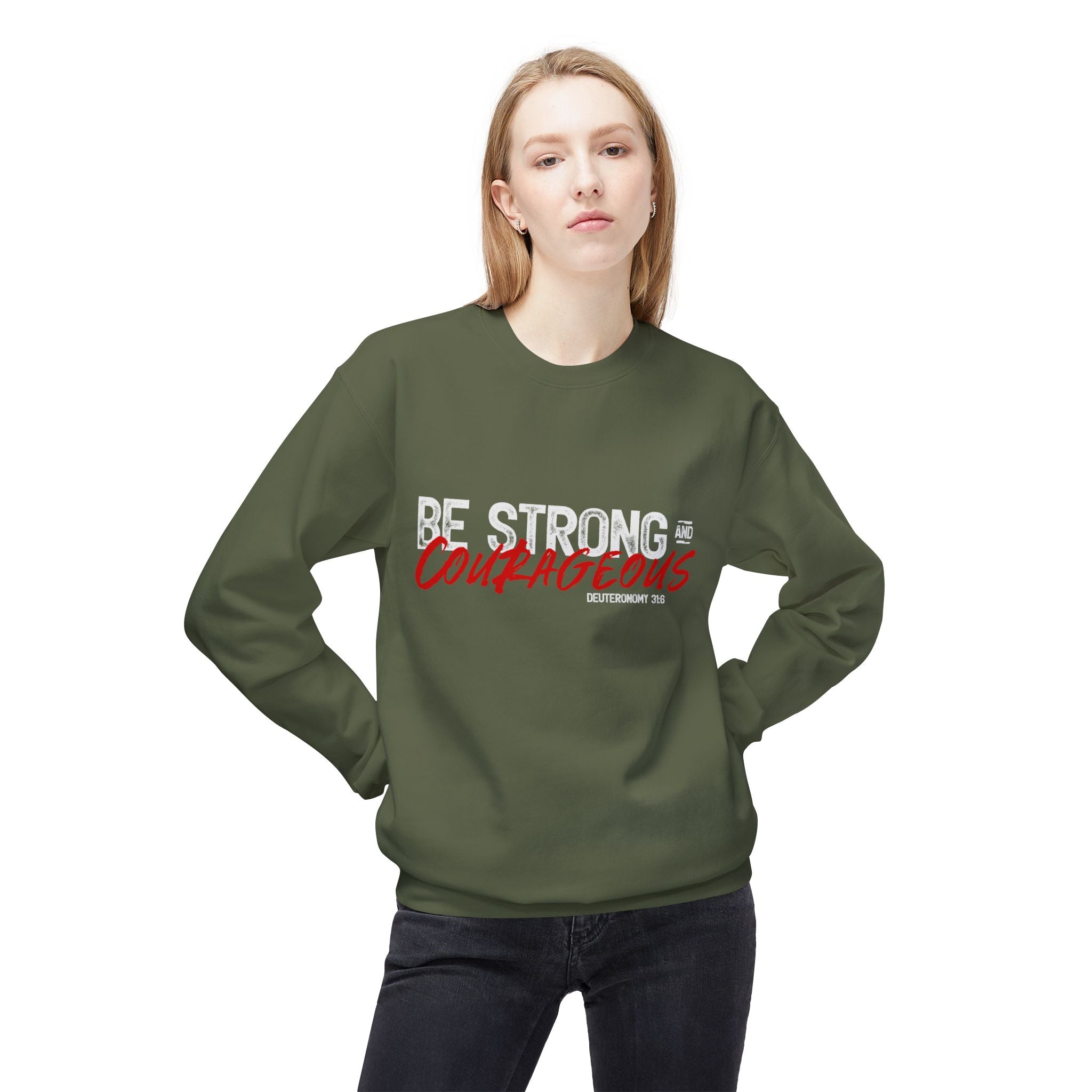 Unisex midweight softstyle fleece crewneck sweatshirt with "Be Strong and Courageous" text, in grey, by Printify.