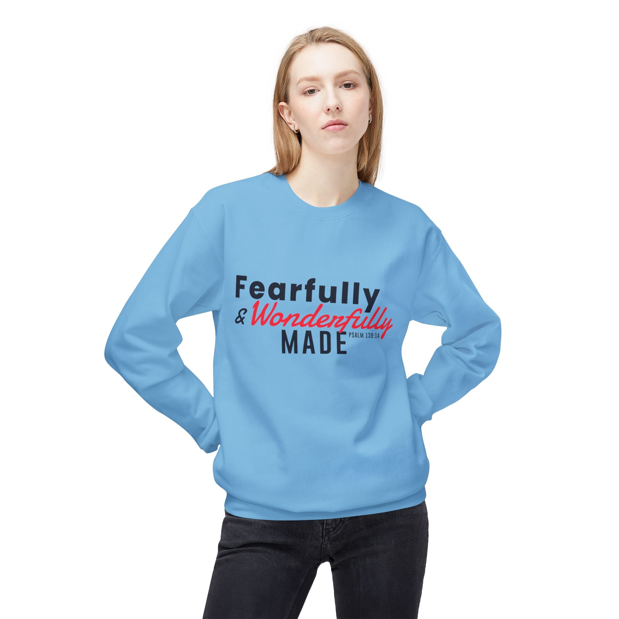 Unisex midweight softstyle fleece crewneck sweatshirt with "Fearfully and Wonderfully Made" print, casual comfort from Printify.