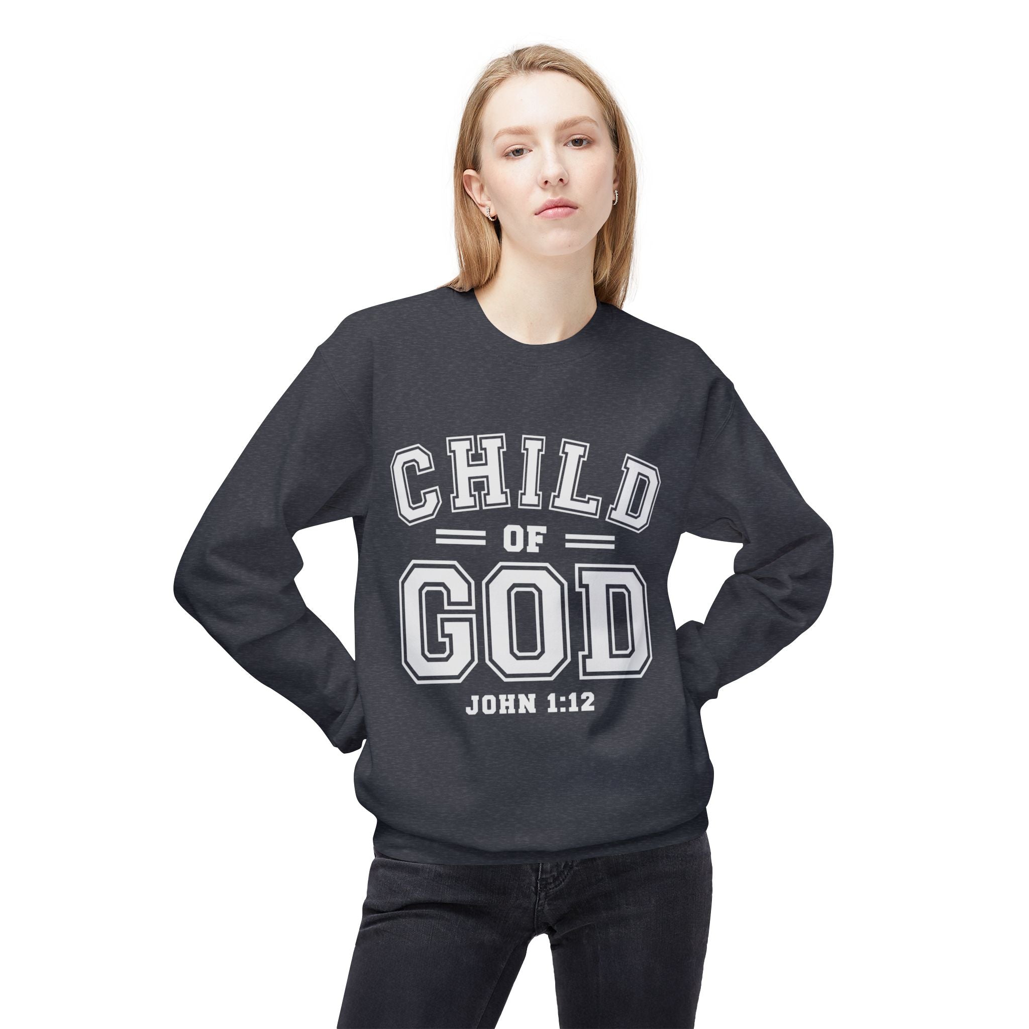Unisex midweight softstyle fleece crewneck sweatshirt featuring "Child of God" text, in a comfortable, casual fit by Printify.