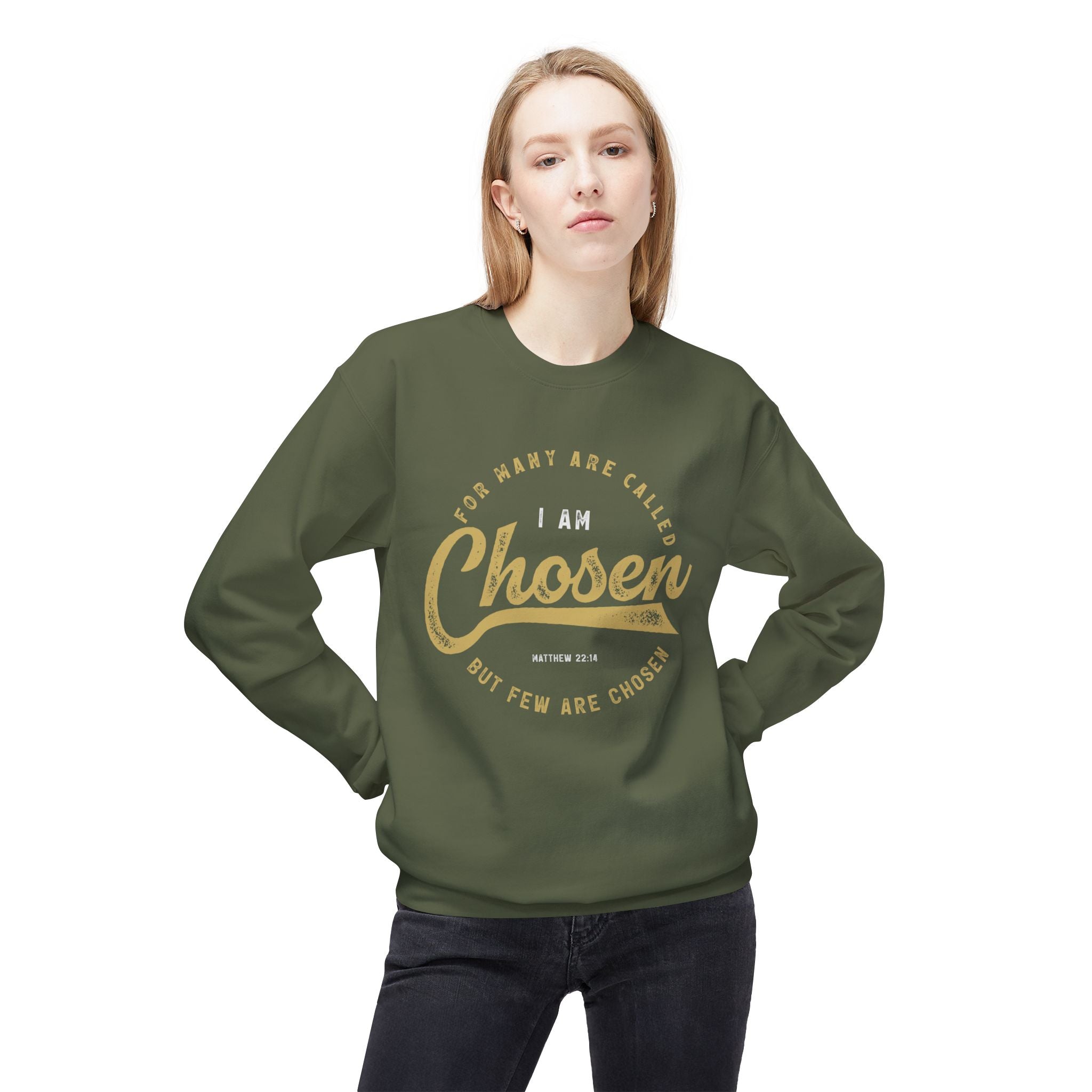 Unisex midweight softstyle fleece crewneck sweatshirt with "I Am Chosen" print by Printify, showing front view.