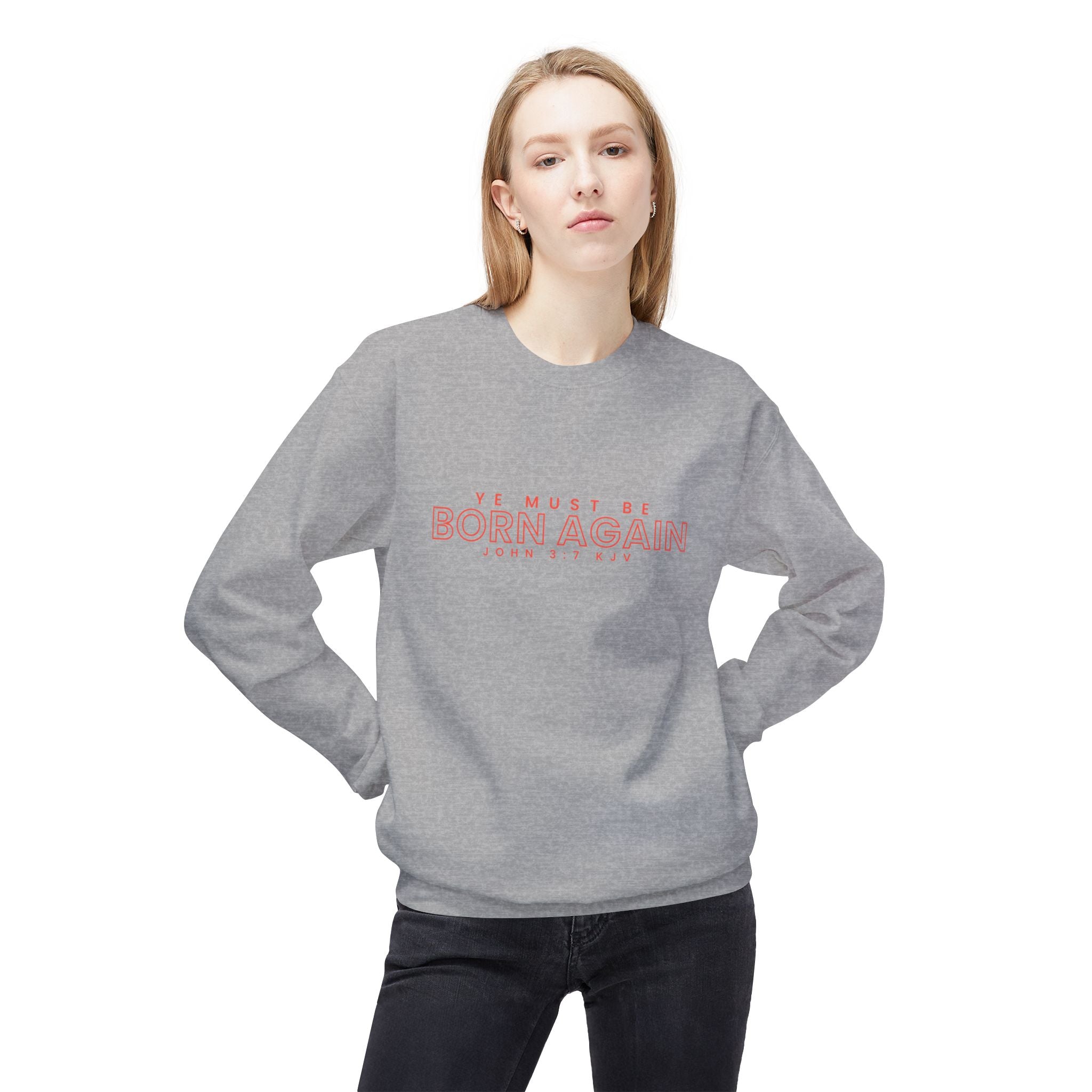 Unisex midweight softstyle fleece crewneck sweatshirt with "Ye Must Be Born Again" print, in a casual style and comfortable fit.