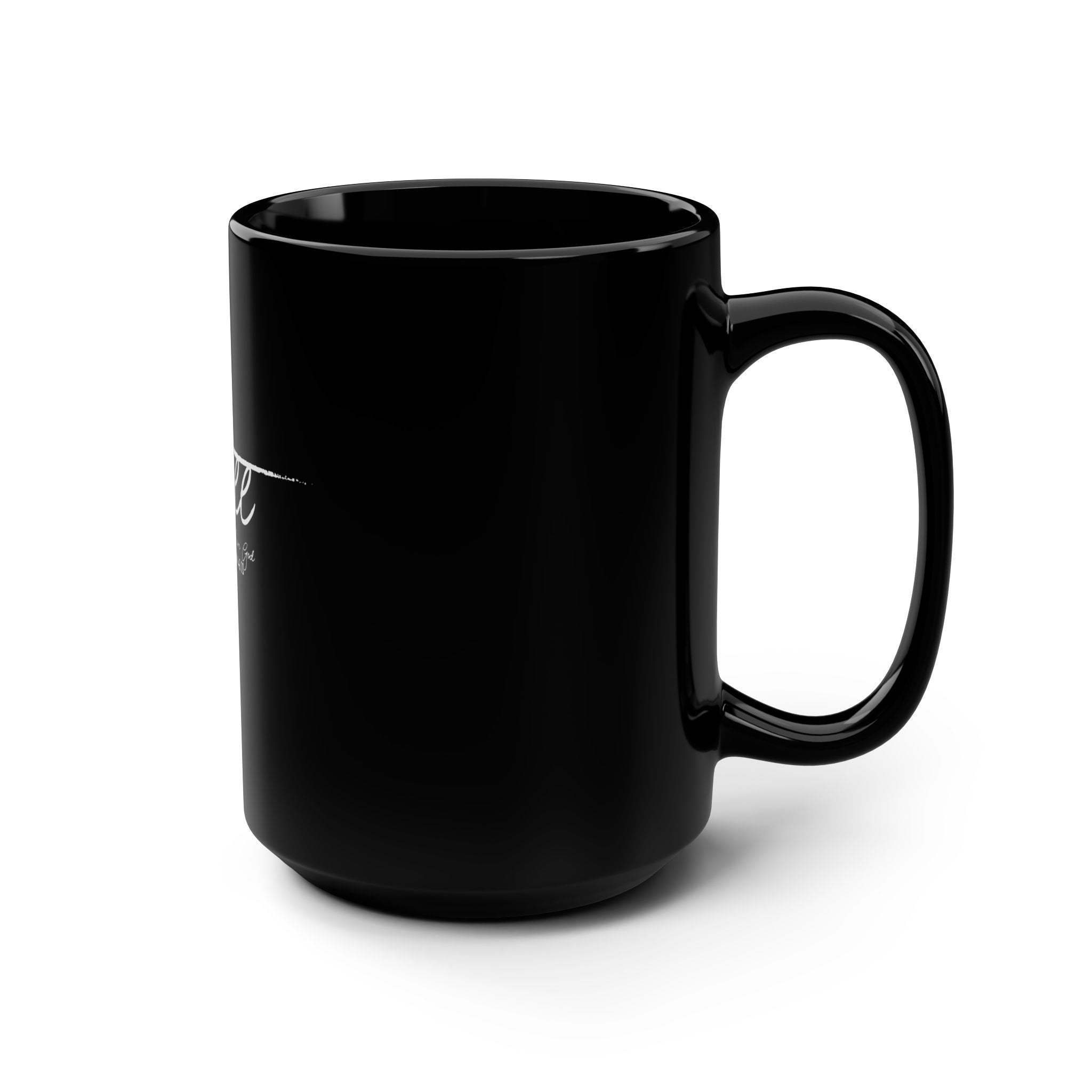 Black 15oz Be Still mug by Printify, featuring a sleek ceramic design with a comfortable handle and minimalist style.