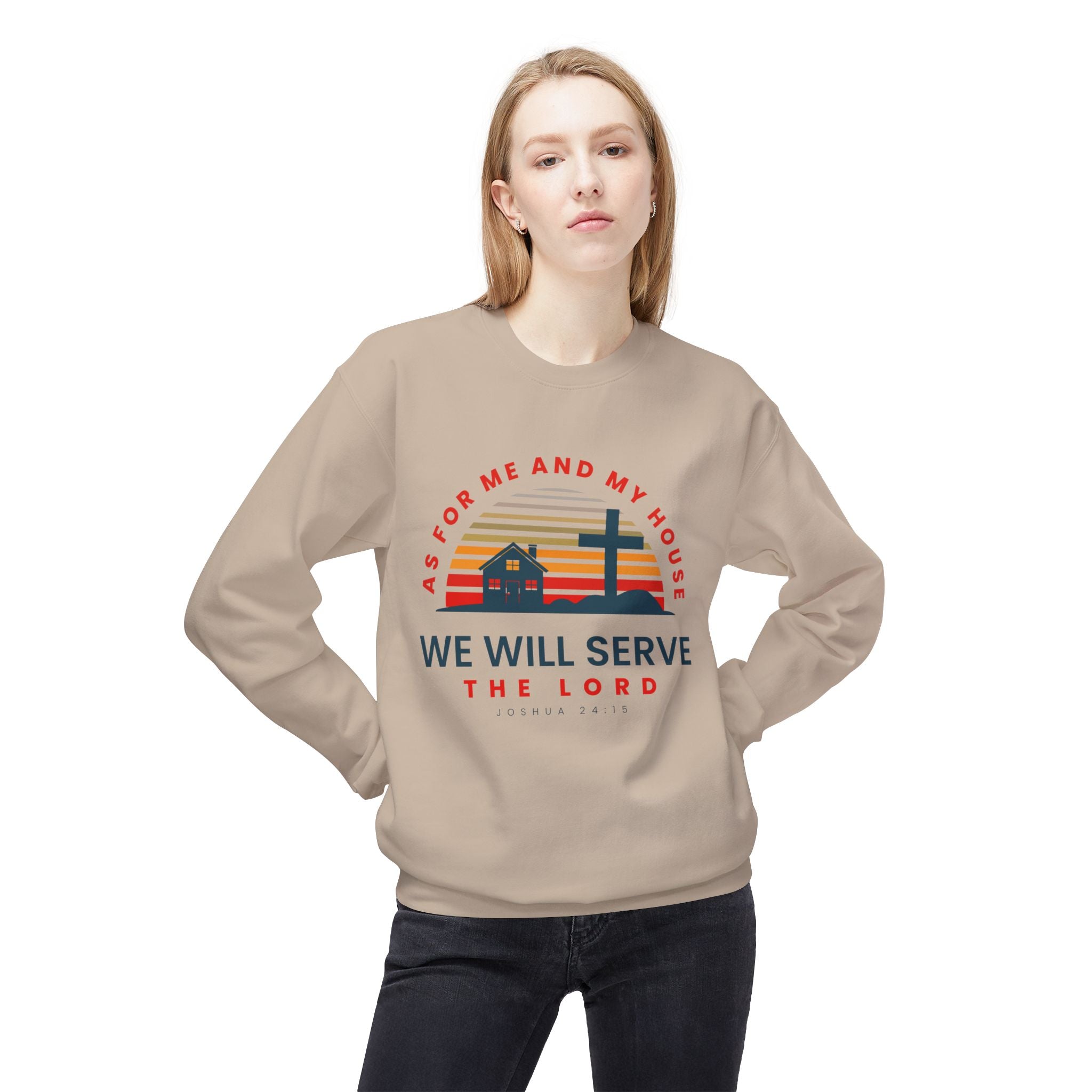 Unisex midweight softstyle fleece crewneck sweatshirt with "As for Me and My House We Will Serve the Lord" print, by Printify.