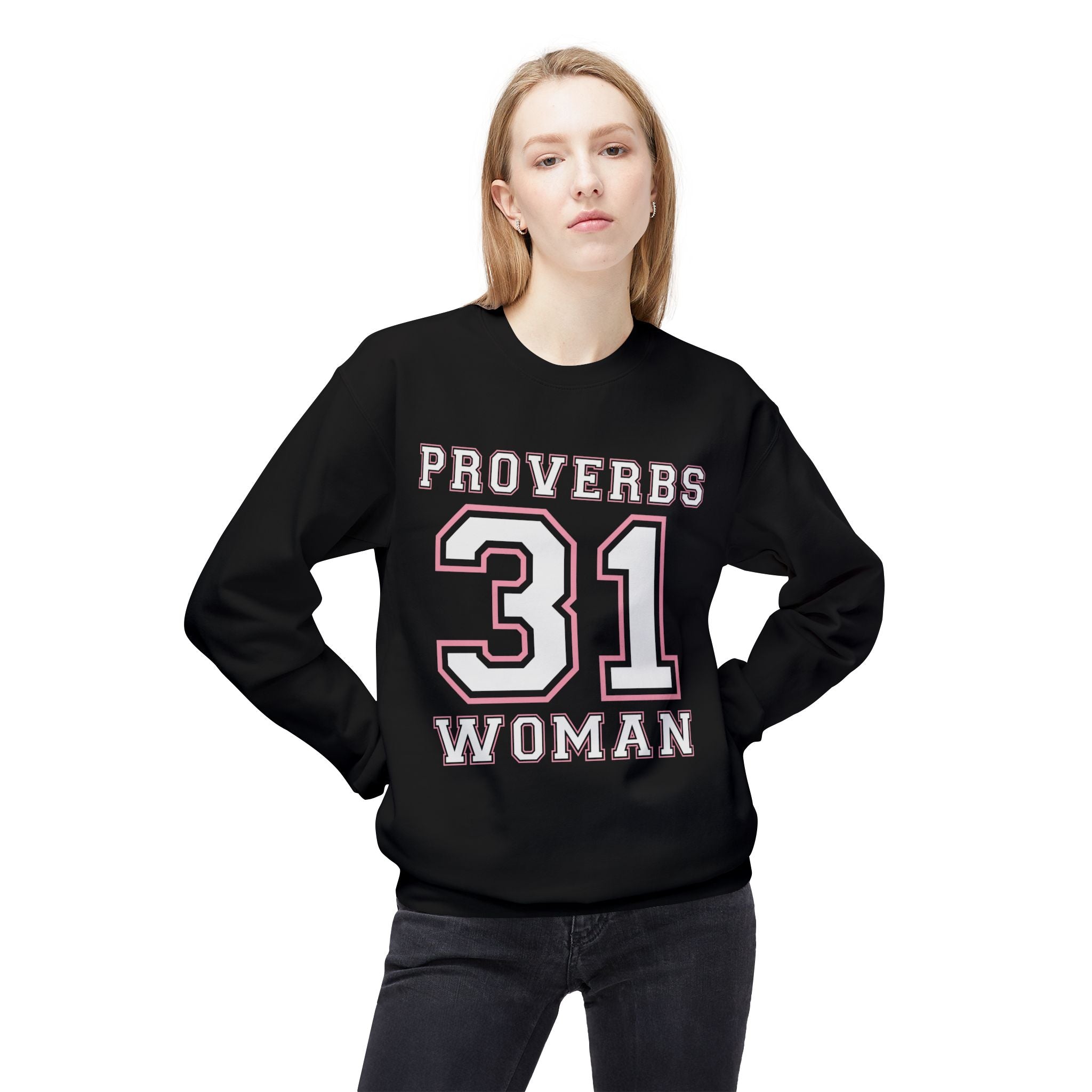 Unisex midweight softstyle fleece crewneck sweatshirt featuring Proverbs 31 Woman design, in a cozy, lightweight fabric.