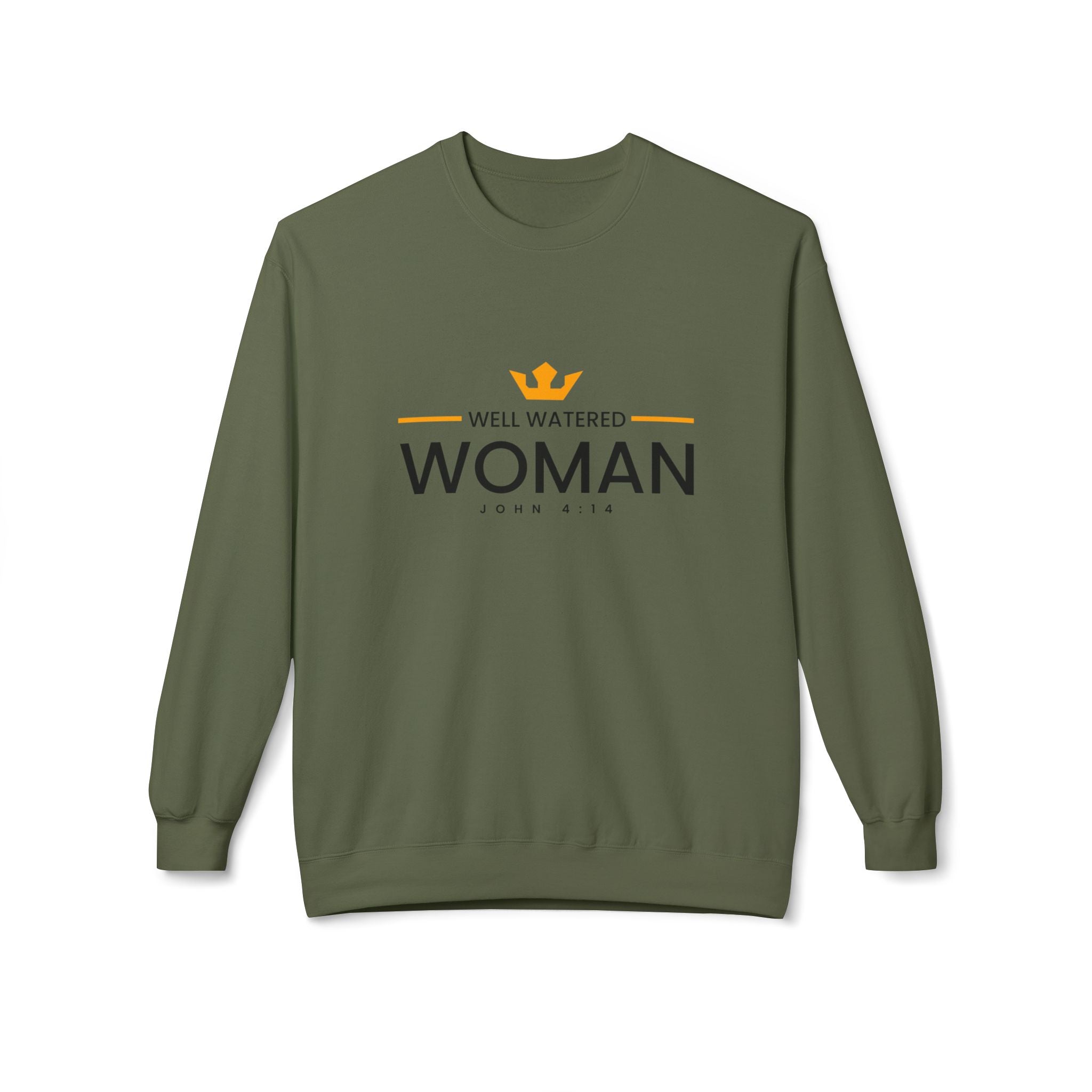 Unisex midweight softstyle fleece crewneck sweatshirt with "Well Watered Woman" design, comfortable casual wear by Printify.