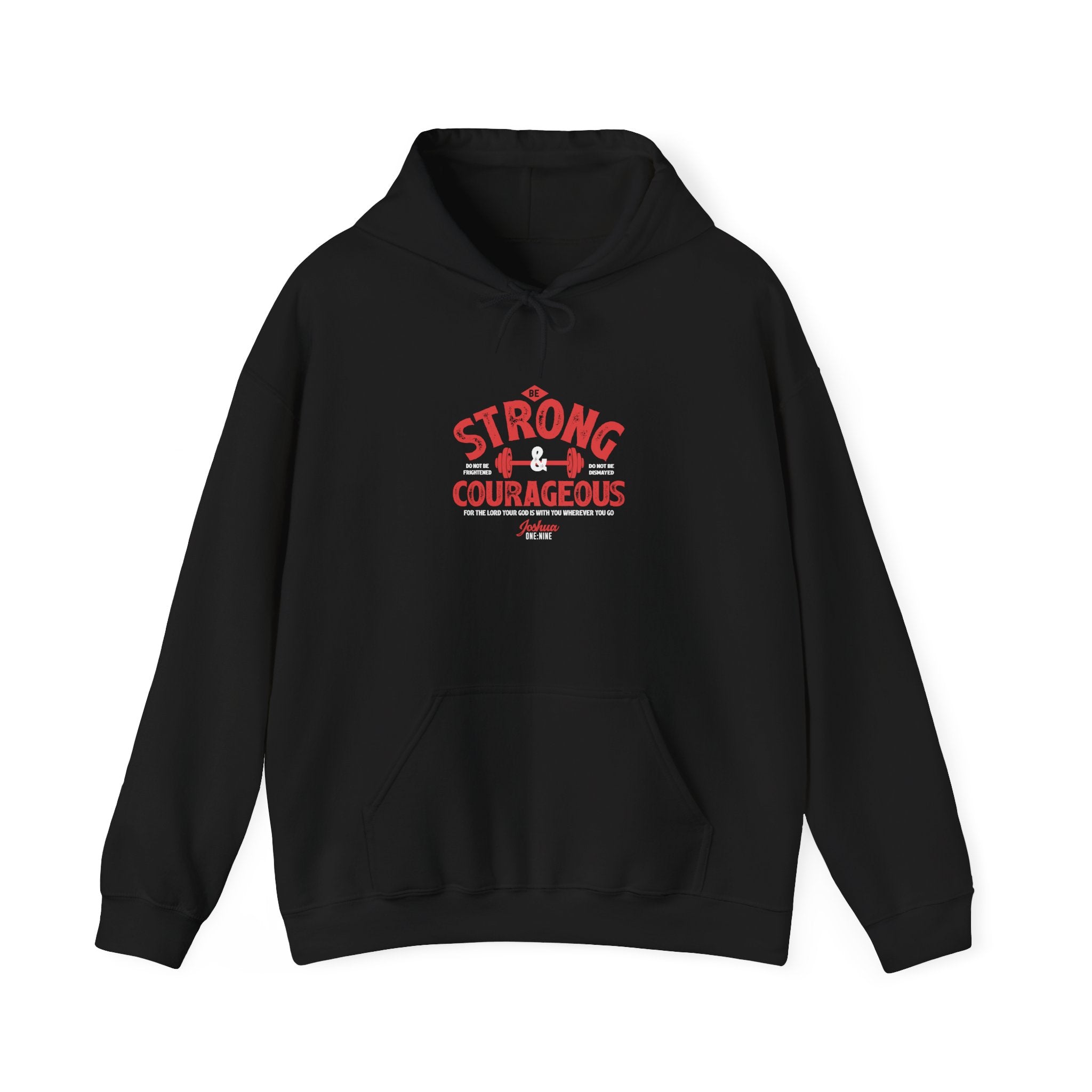 Unisex Heavy Blend hoodie by Printify featuring a bold "Be Strong and Courageous" slogan, gray fabric, and front pocket.