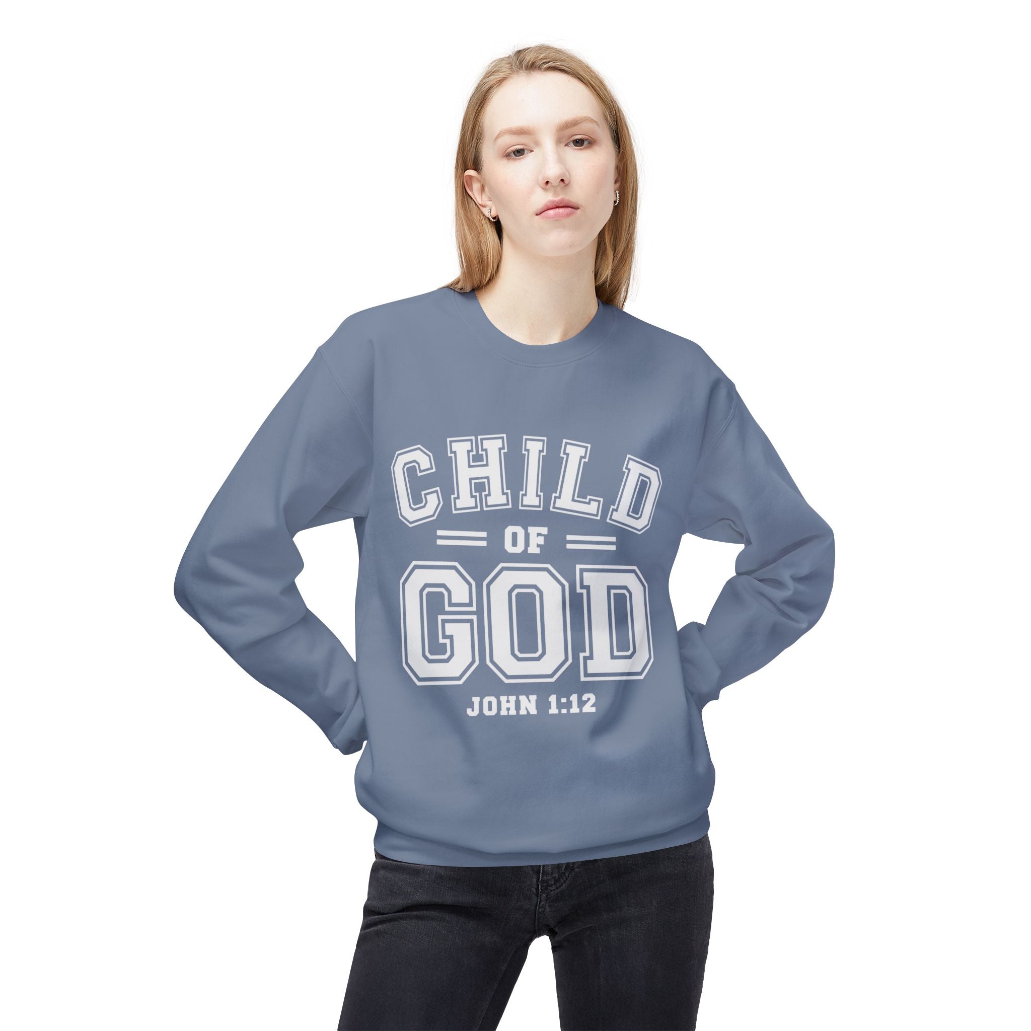 Unisex midweight softstyle fleece crewneck sweatshirt with "Child of God" graphic, in a casual fit, by Printify.