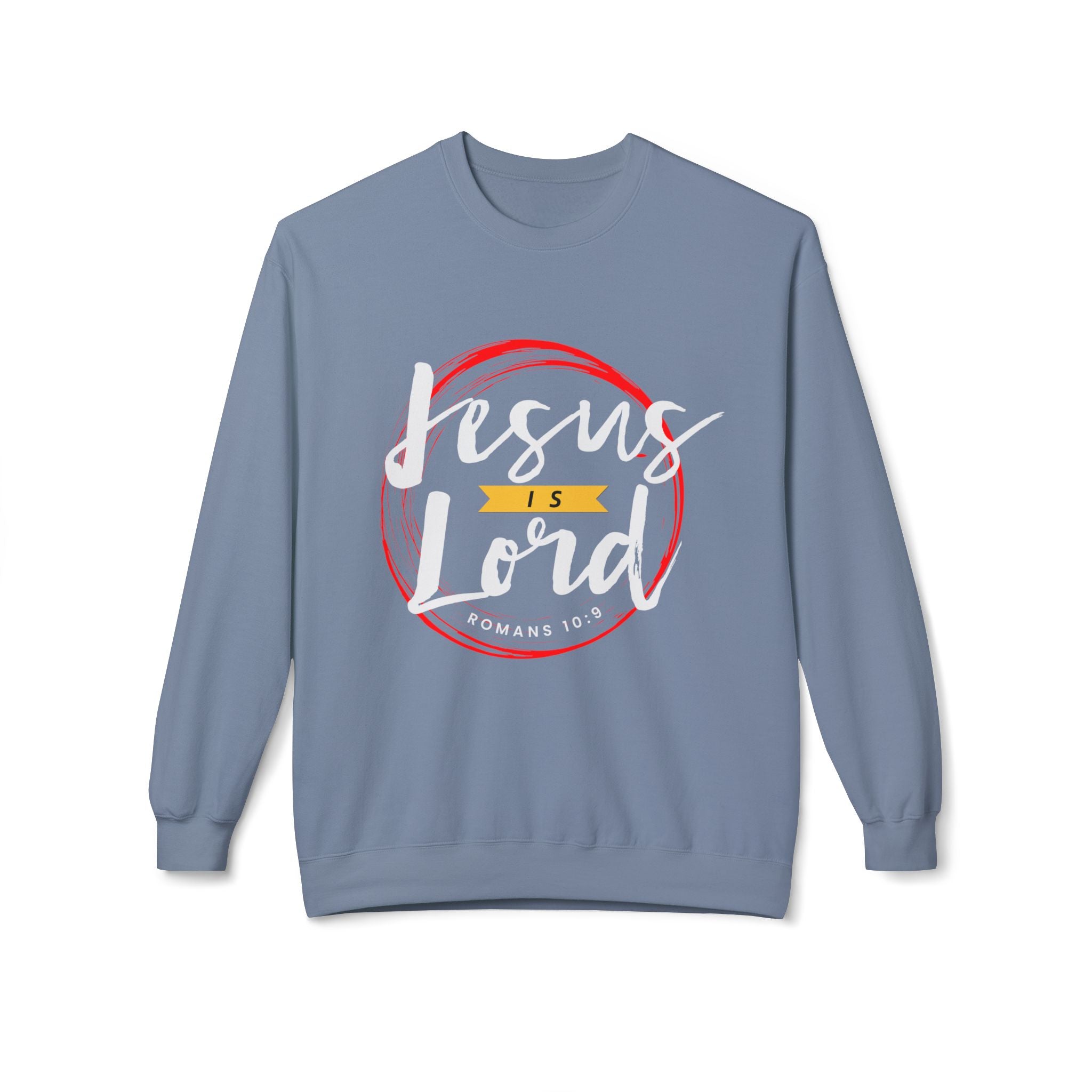 Unisex midweight softstyle fleece crewneck sweatshirt with "Jesus is Lord" print, by Printify, shown on a model.