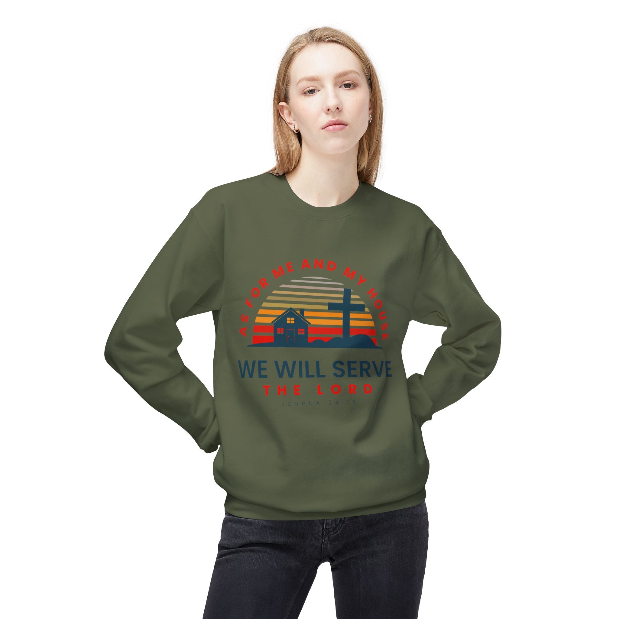 Unisex midweight softstyle fleece crewneck sweatshirt with religious quote "As for Me and My House We Will Serve the Lord" by Printify