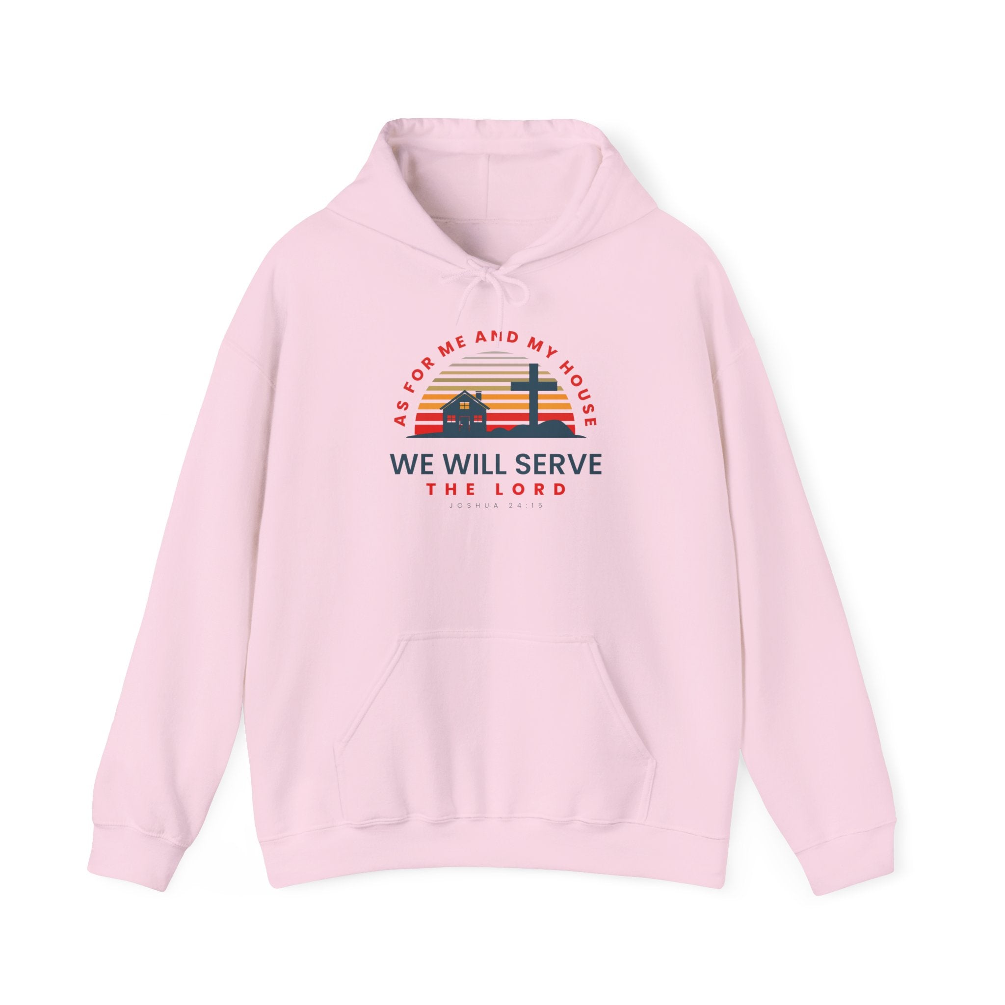 Unisex Heavy Blend hoodie with religious text "As for Me and My House We Will Serve the Lord" printed on front.