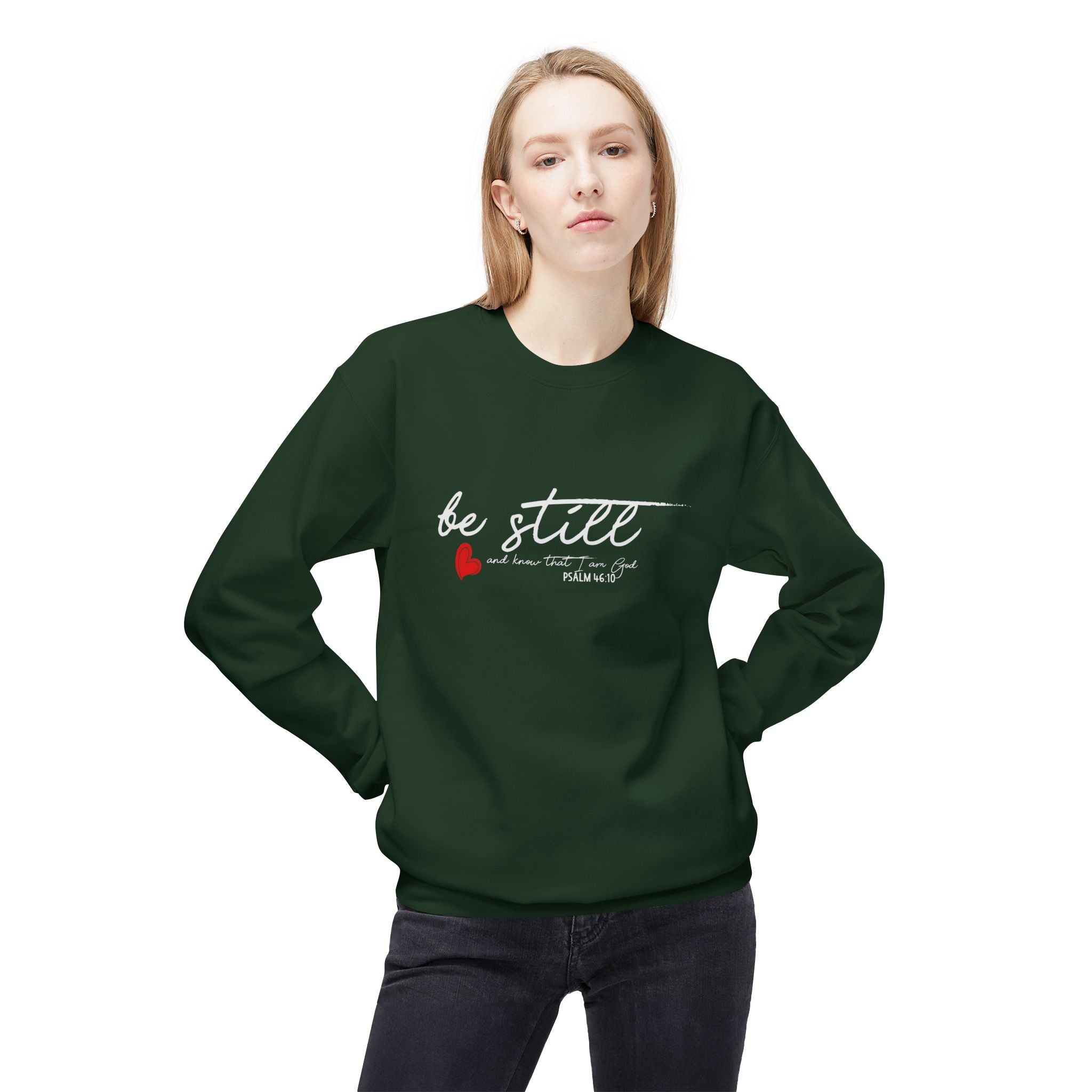 Unisex midweight softstyle fleece crewneck sweatshirt with "Be Still" print in black, casual fit, comfortable fabric from Printify.