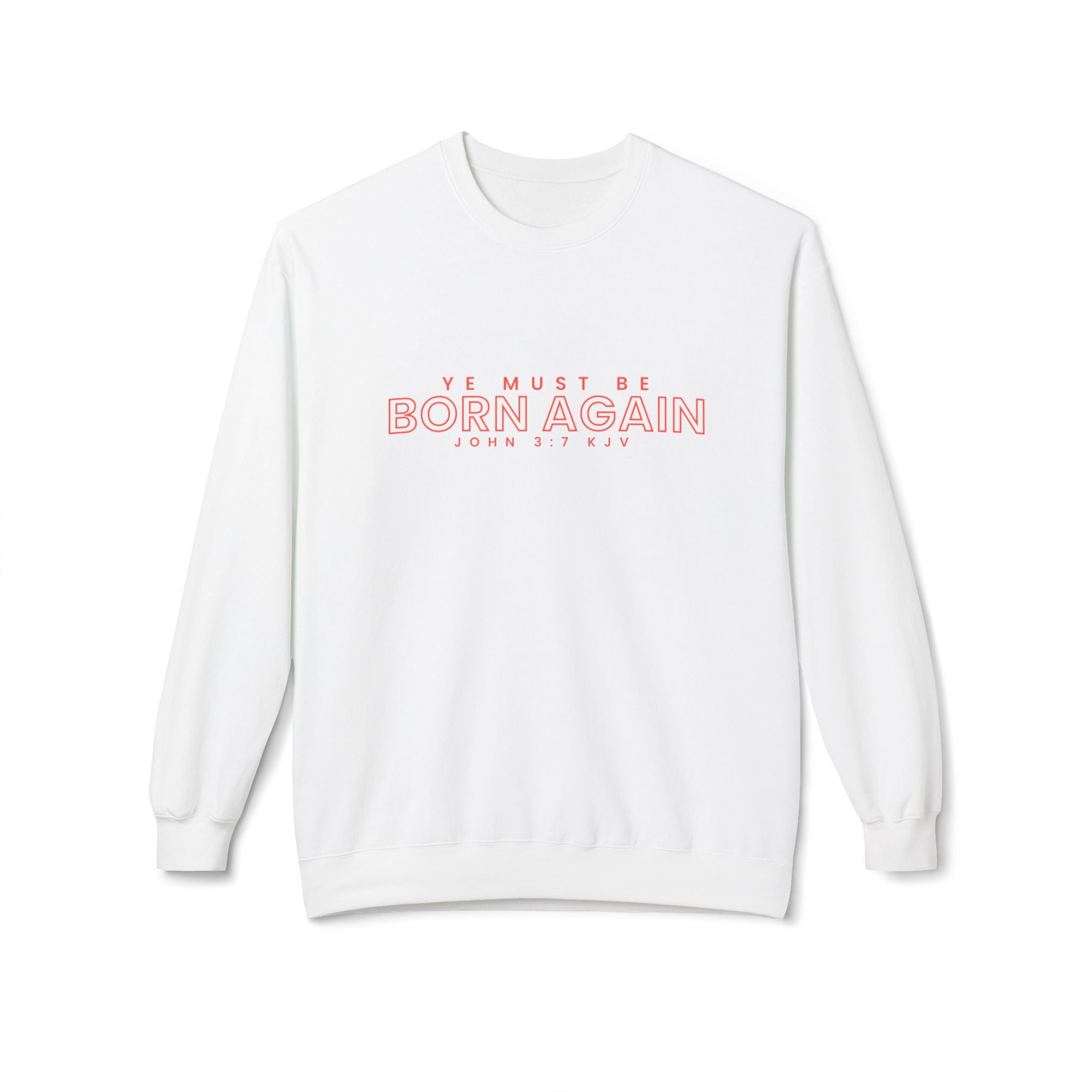 Unisex midweight softstyle fleece crewneck sweatshirt with "Ye Must Be Born Again" print in black on heather gray fabric.