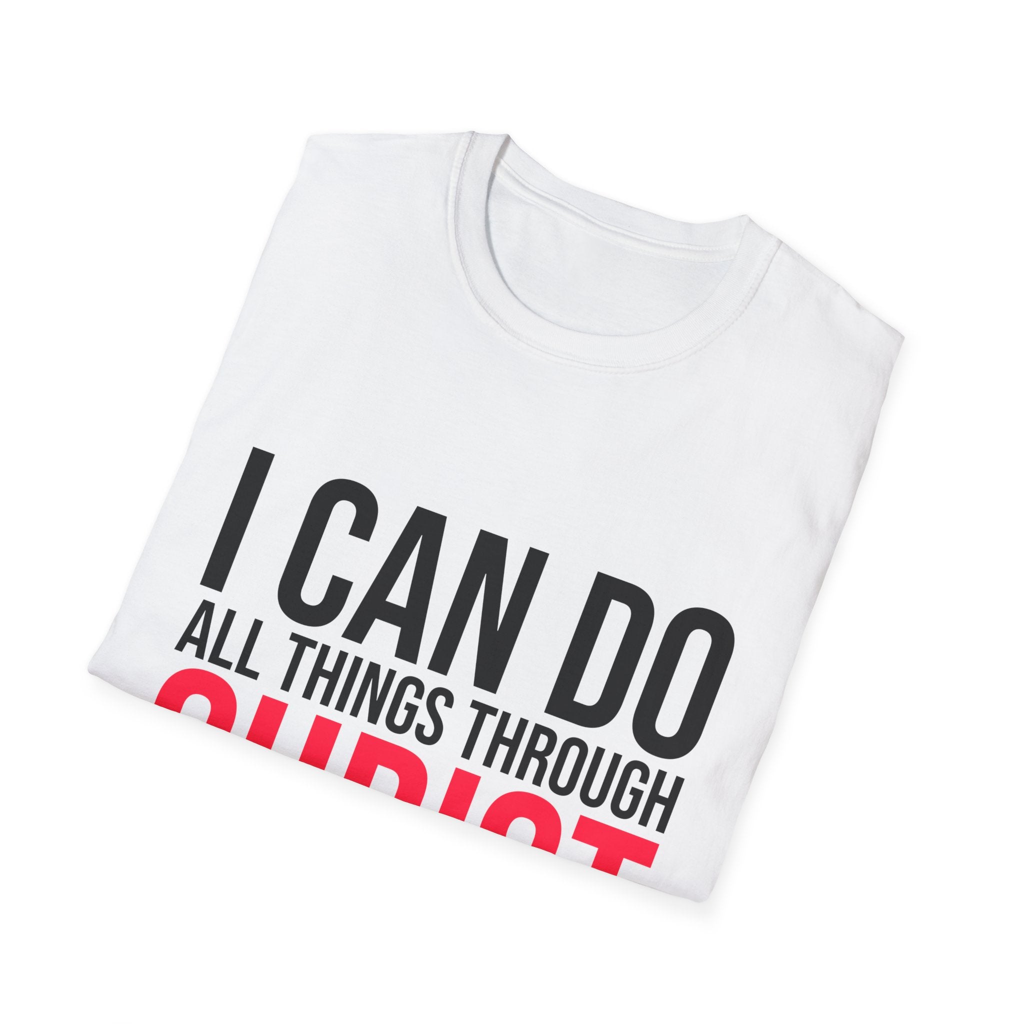 Unisex softstyle T-shirt with Christian quote "I Can Do All Things Through Christ" printed in black on white fabric.