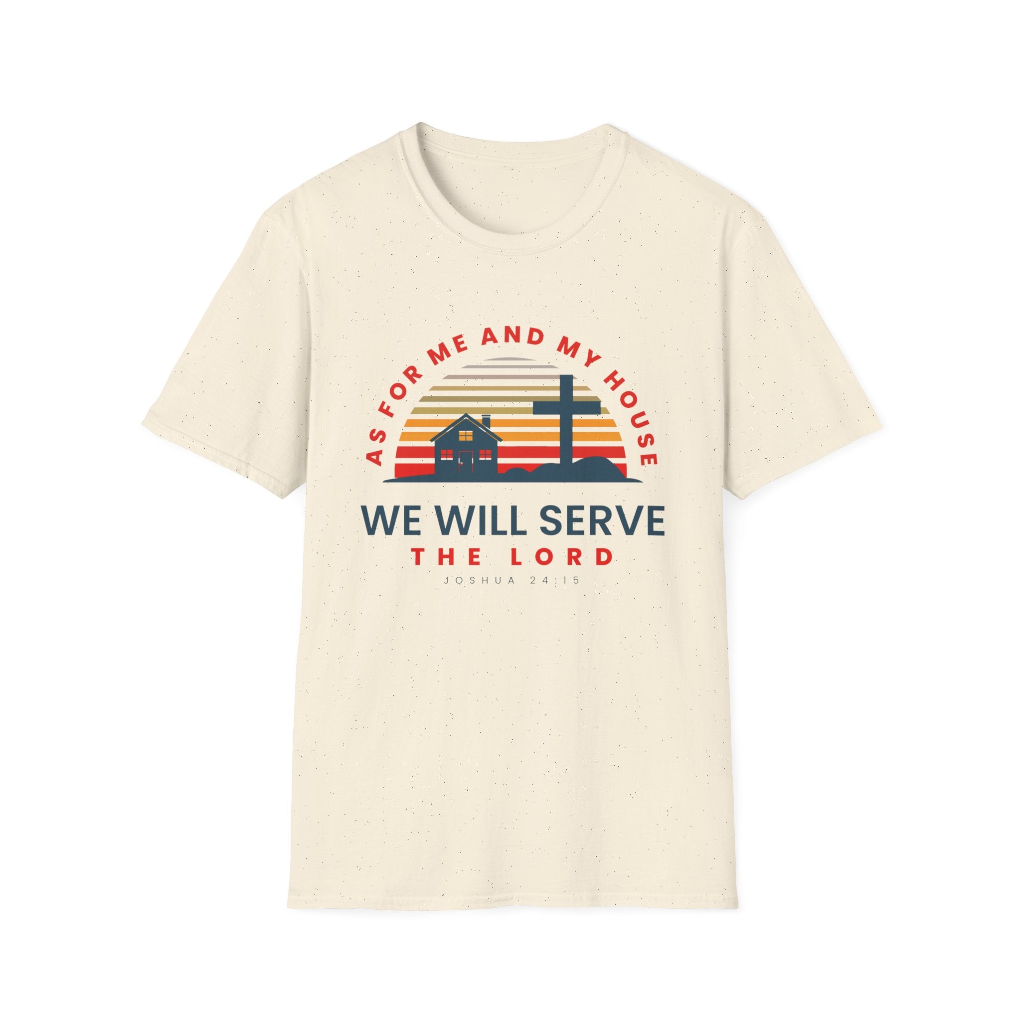 Unisex softstyle T-shirt with Christian quote "As for Me and My House We Will Serve the Lord" printed on front, by Printify.
