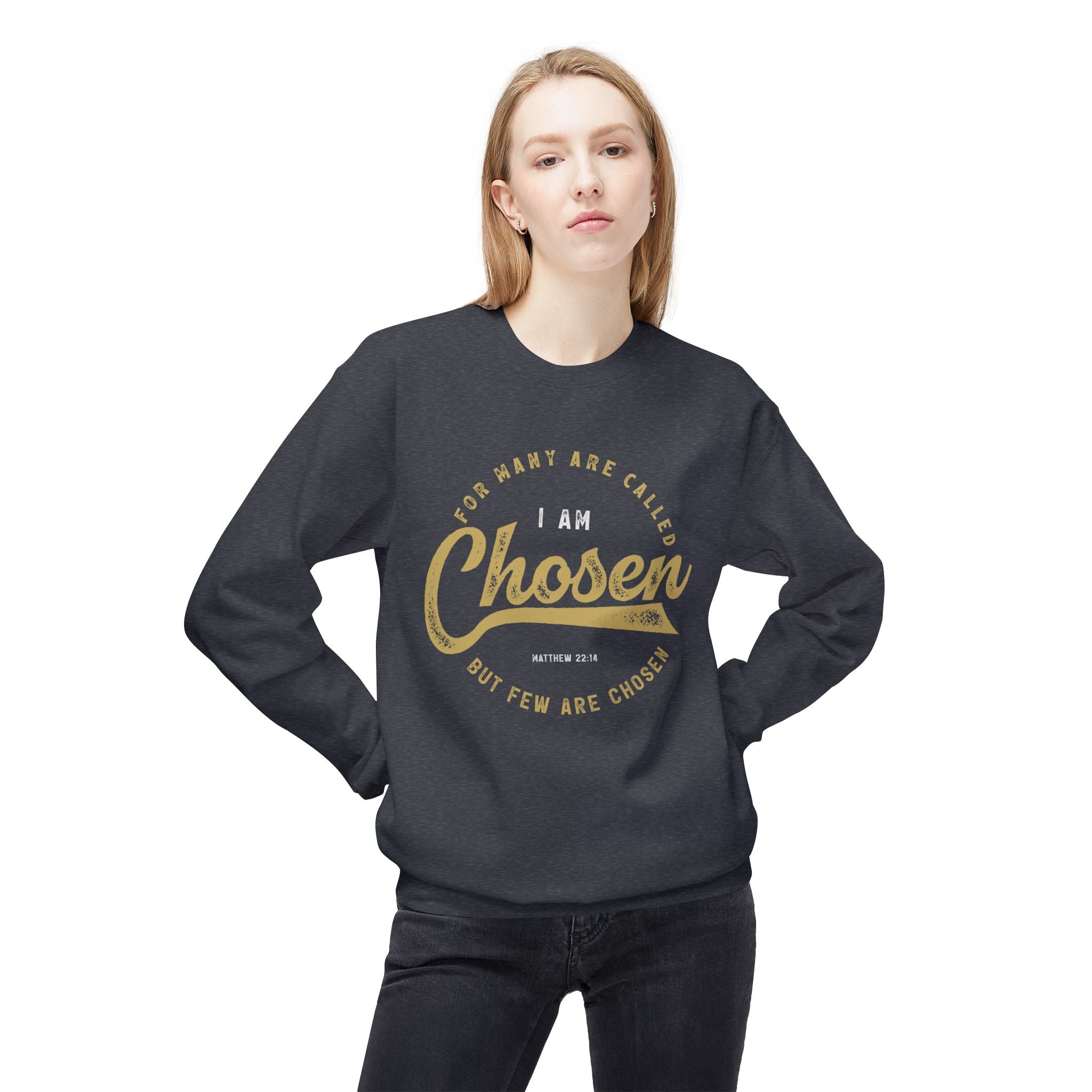 Unisex midweight softstyle fleece crewneck sweatshirt with "I Am Chosen" print in black on a gray fabric, casual and comfortable fit.