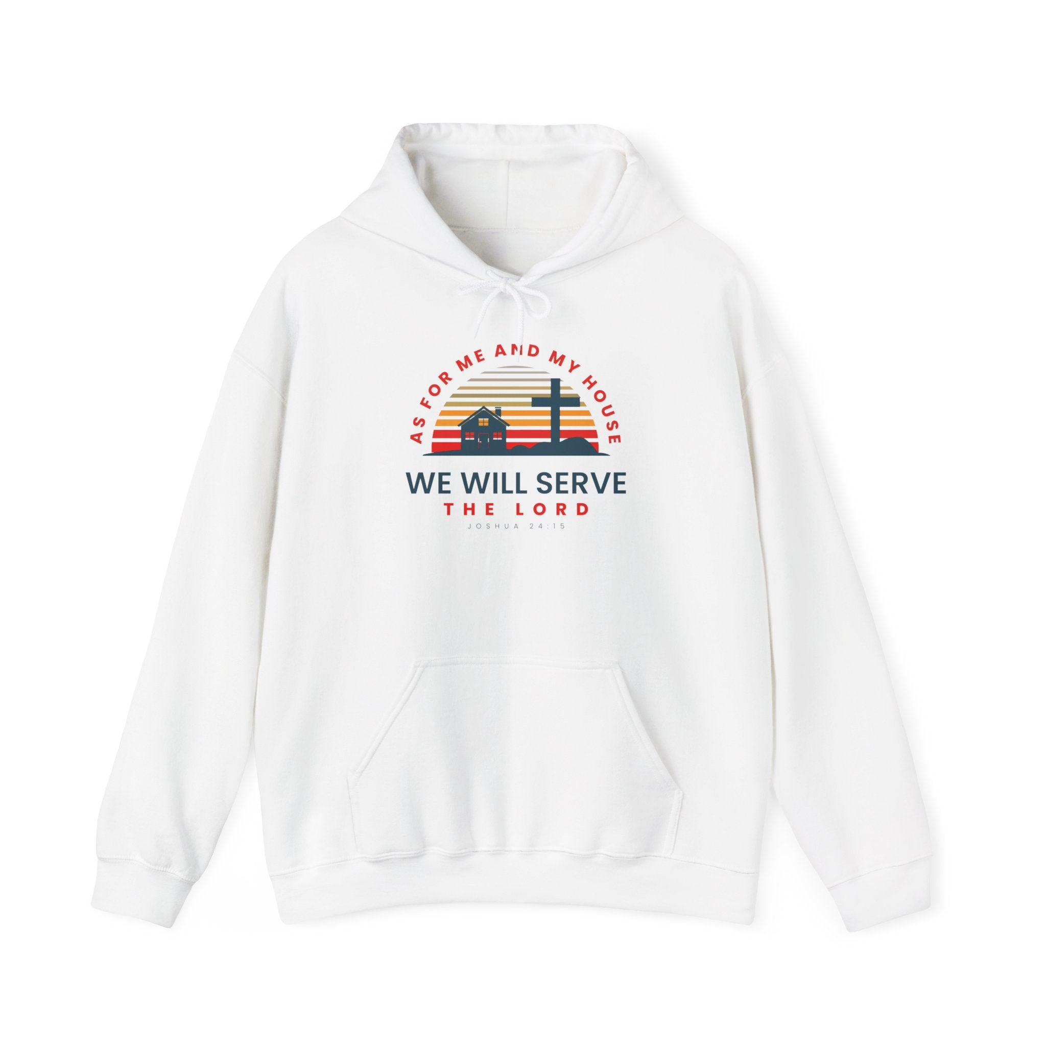 Unisex Heavy Blend hoodie with religious text "As for Me and My House We Will Serve the Lord" by Printify, showing front view.
