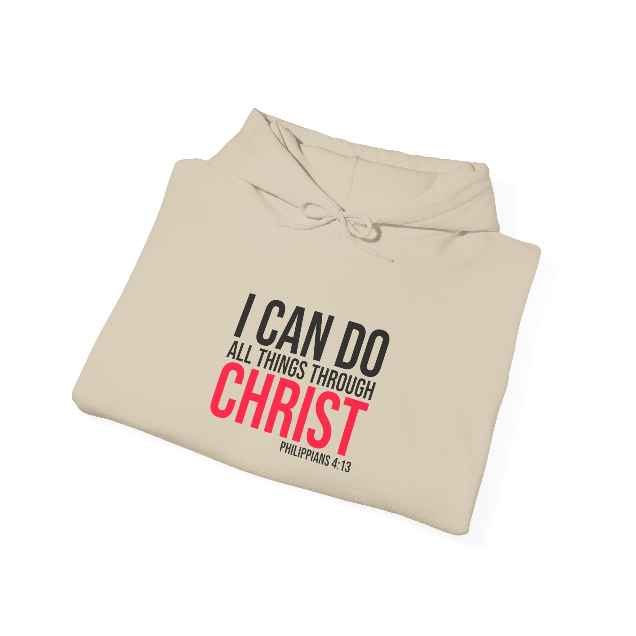 Unisex Heavy Blend hoodie featuring the inspirational "I Can Do All Things Through Christ" design, in a comfortable, casual style.