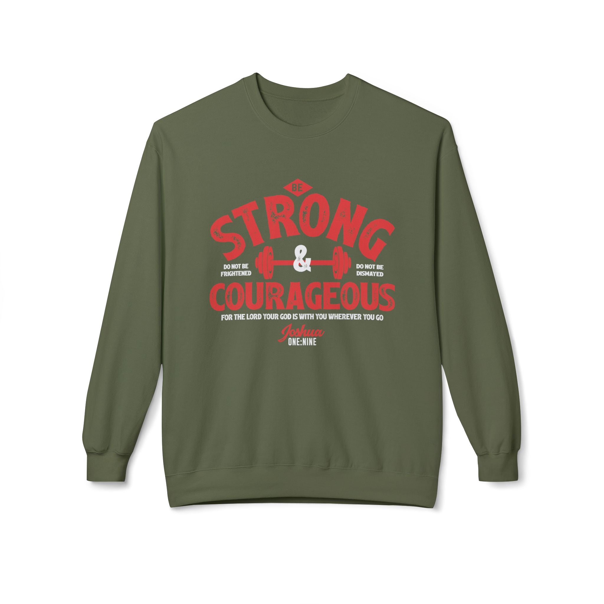 Unisex midweight softstyle fleece crewneck sweatshirt with "Be Strong and Courageous" print, casual and comfortable fit.