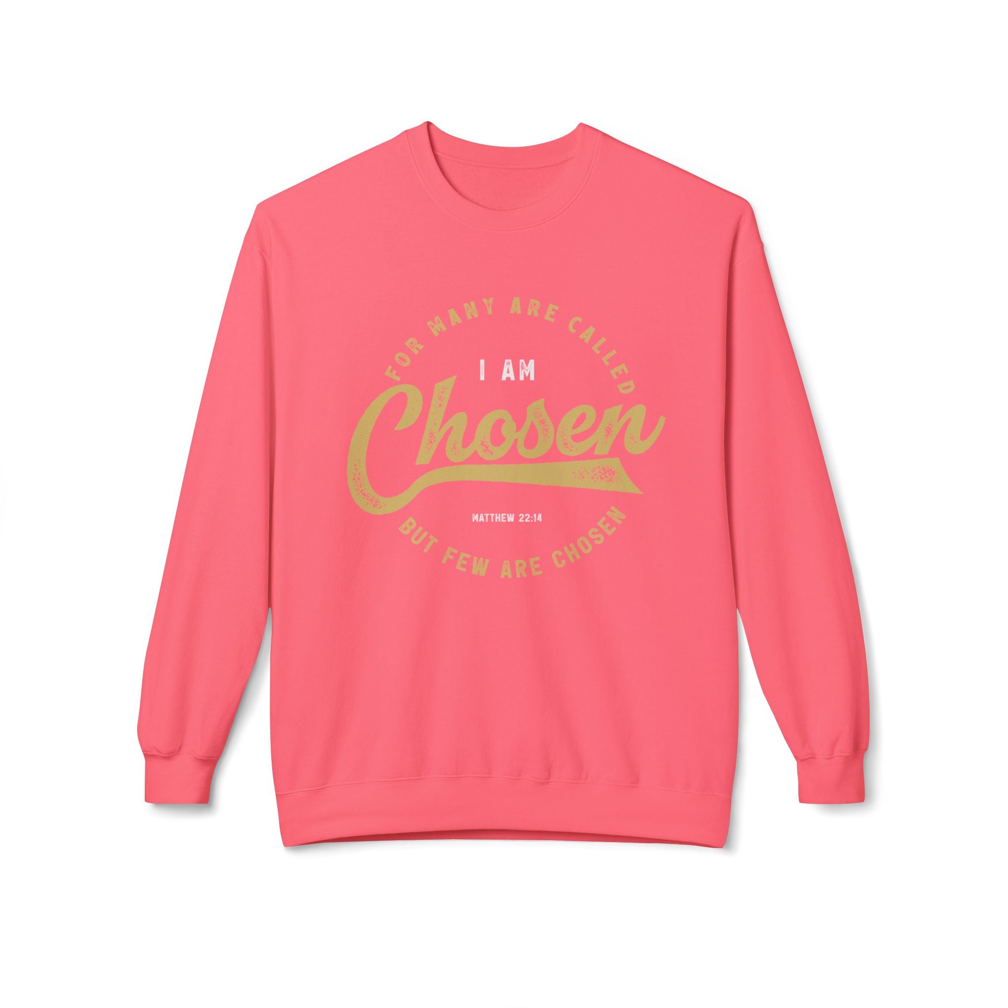 Unisex midweight softstyle fleece crewneck sweatshirt with "I Am Chosen" lettering by Printify, showing front view in gray color.