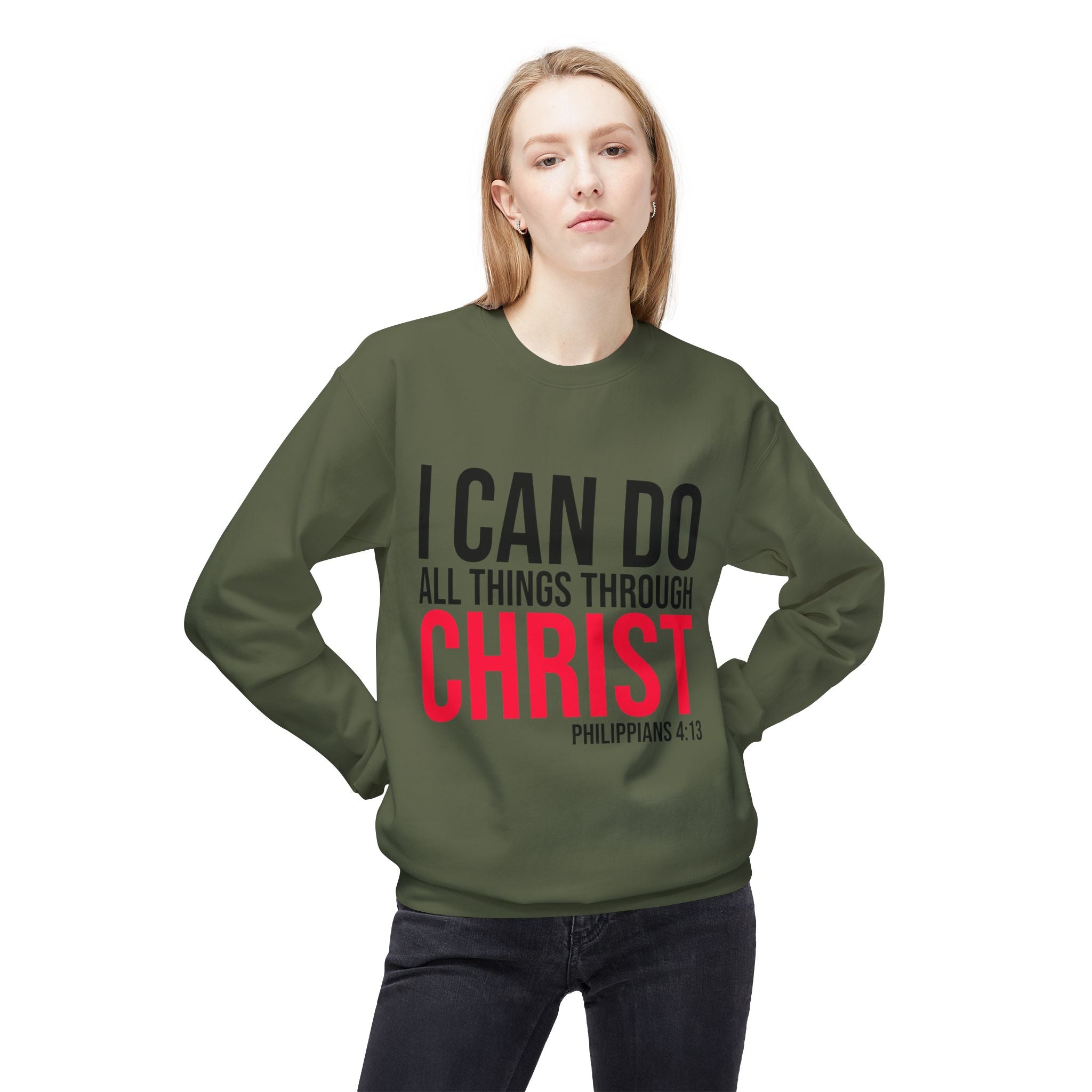 Unisex midweight softstyle fleece crewneck sweatshirt with inspirational "I Can Do All Things Through Christ" print by Printify.