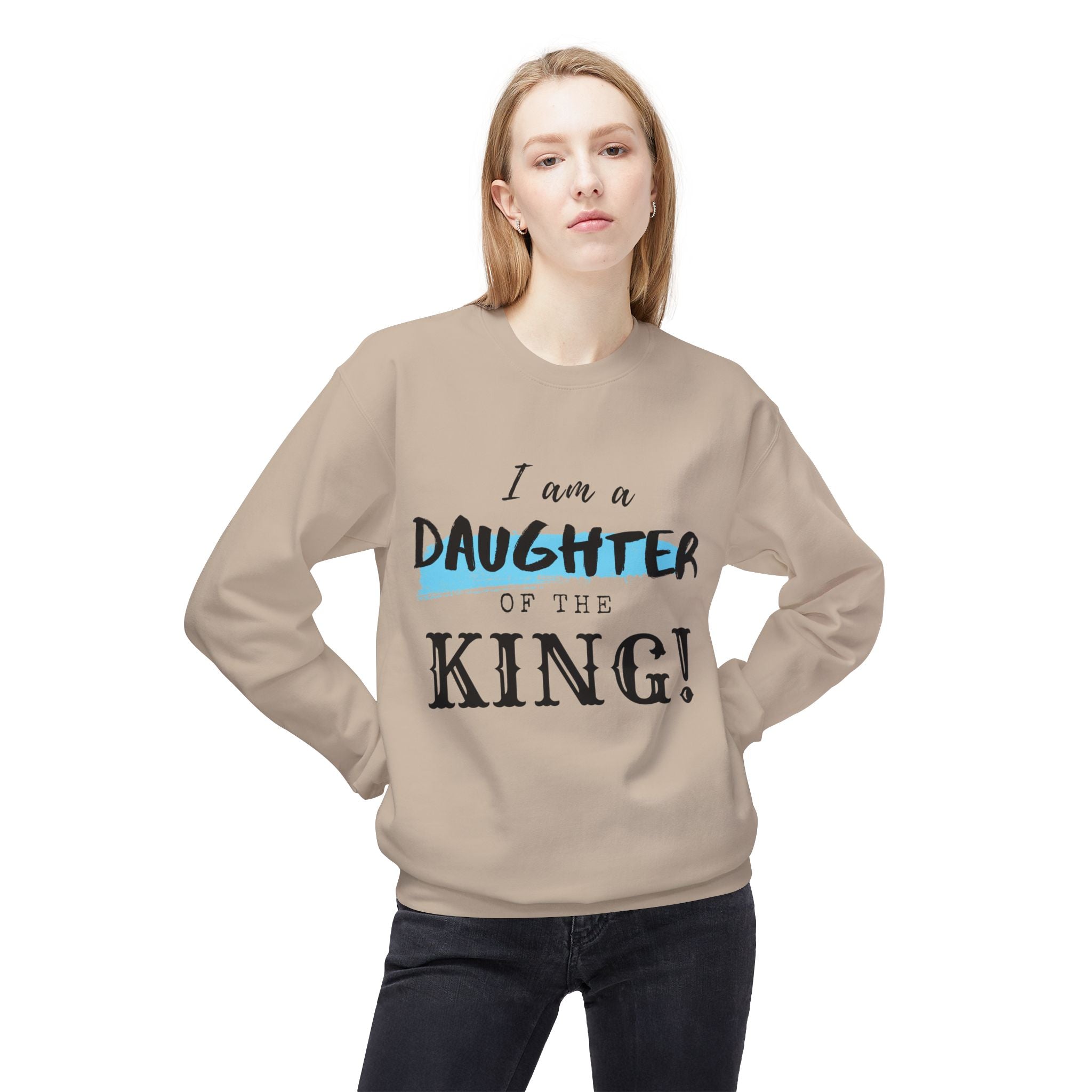 Unisex midweight softstyle fleece crewneck sweatshirt with "I Am a Daughter of the King" print, comfortable and stylish.