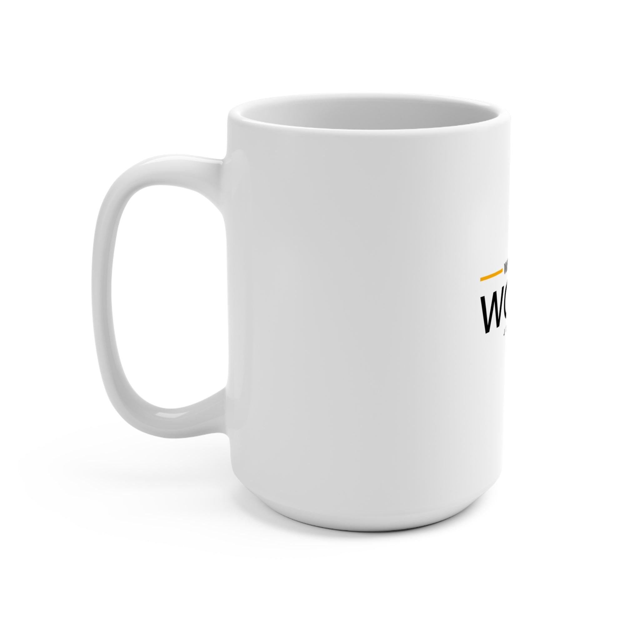 15oz ceramic mug from Printify with a classic white design and a sturdy handle, ideal for coffee or tea.