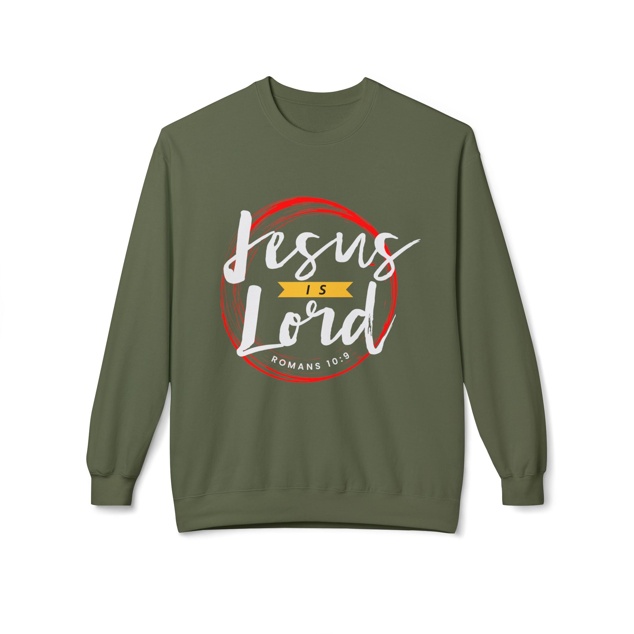 Unisex midweight softstyle fleece crewneck sweatshirt with "Jesus is Lord" print, in a cozy, casual style by Printify.