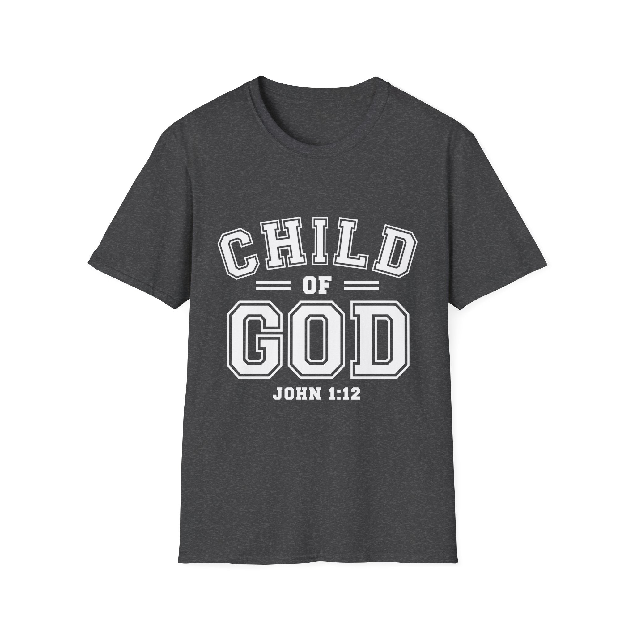 Unisex softstyle T-shirt by Printify featuring "Child of God" graphic, white fabric with black text, displayed flat.