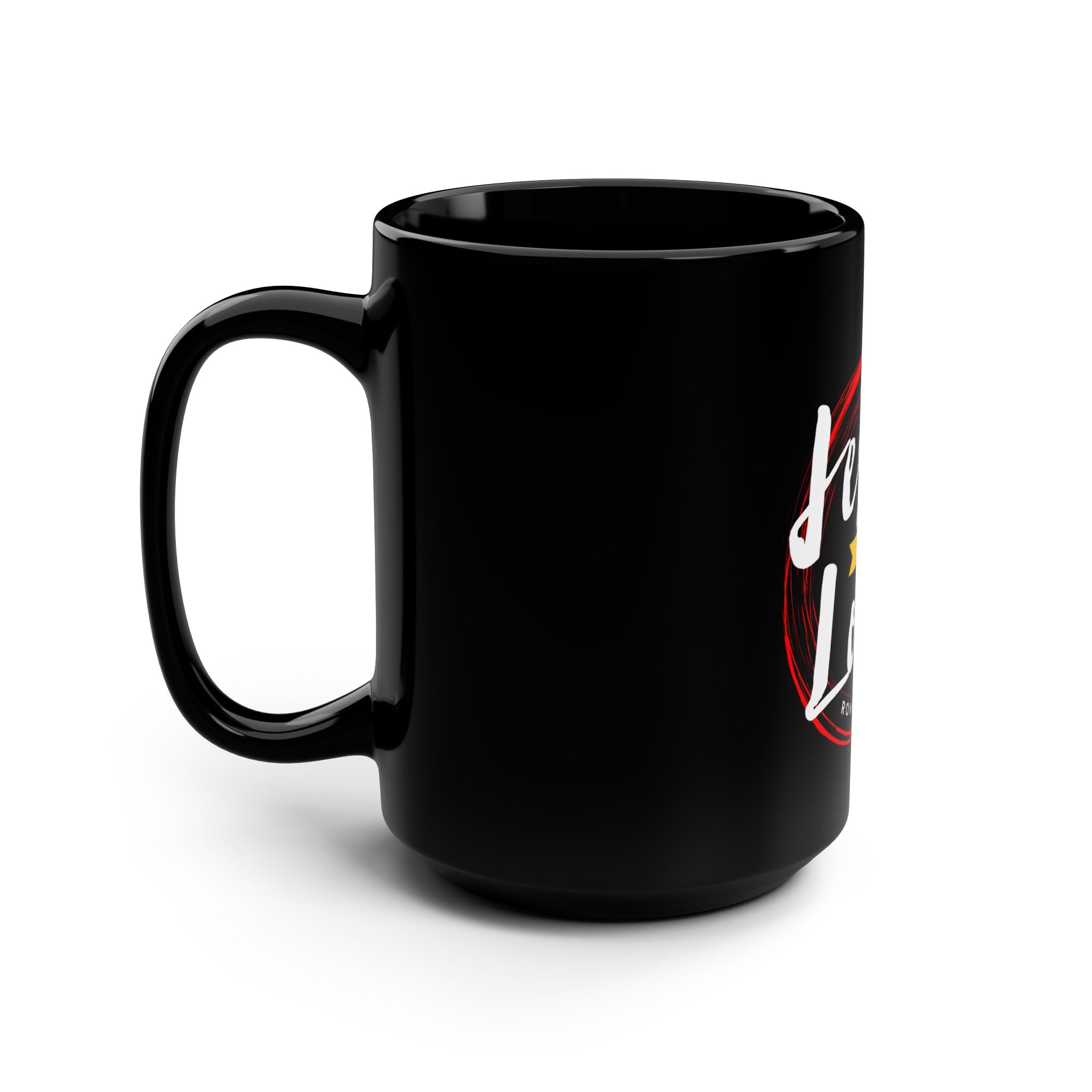 Black 15oz Jesus is Lord mug by Printify featuring bold religious message on ceramic coffee cup.