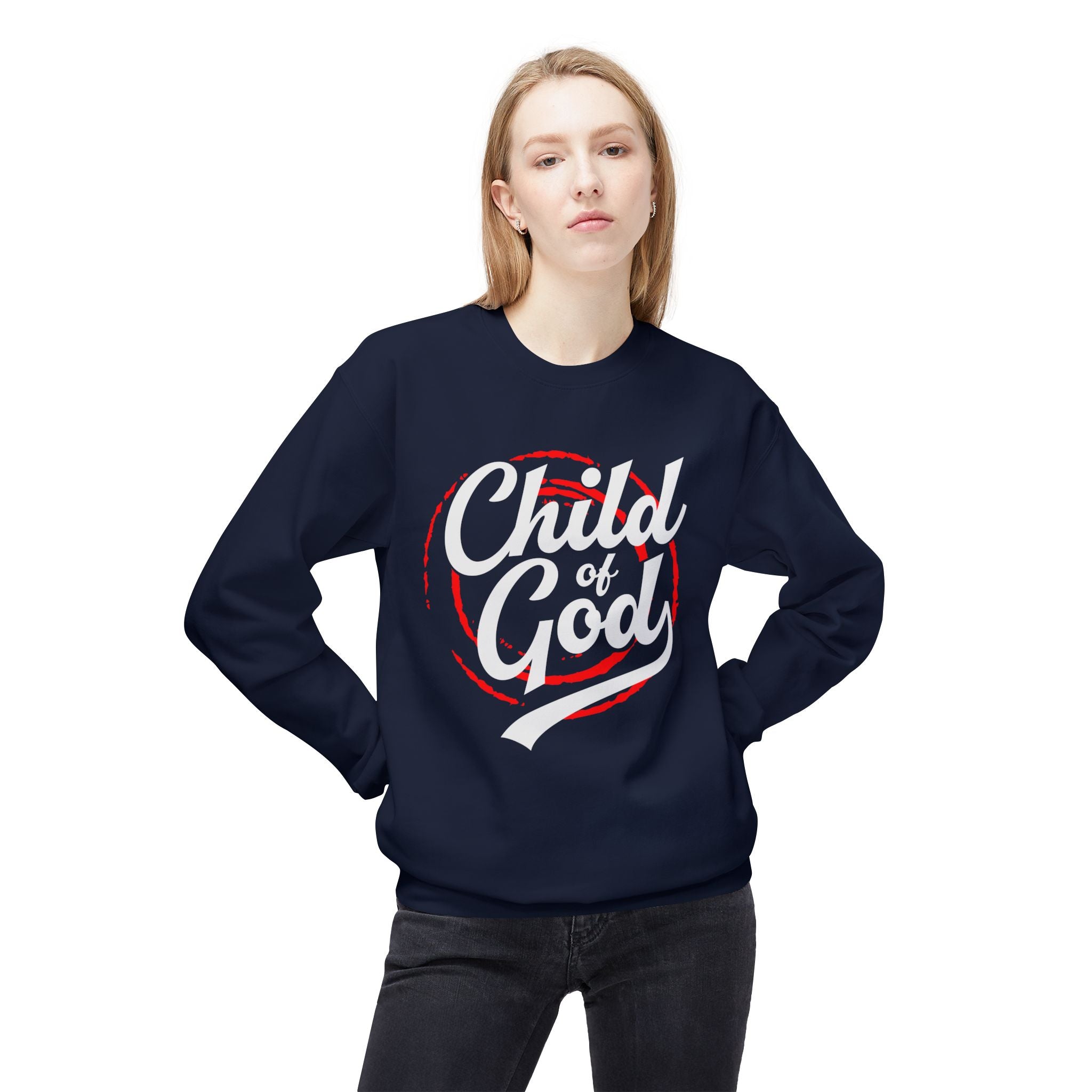 Unisex midweight softstyle fleece crewneck sweatshirt with "Child of God" graphic in black and white, comfortable casual wear.