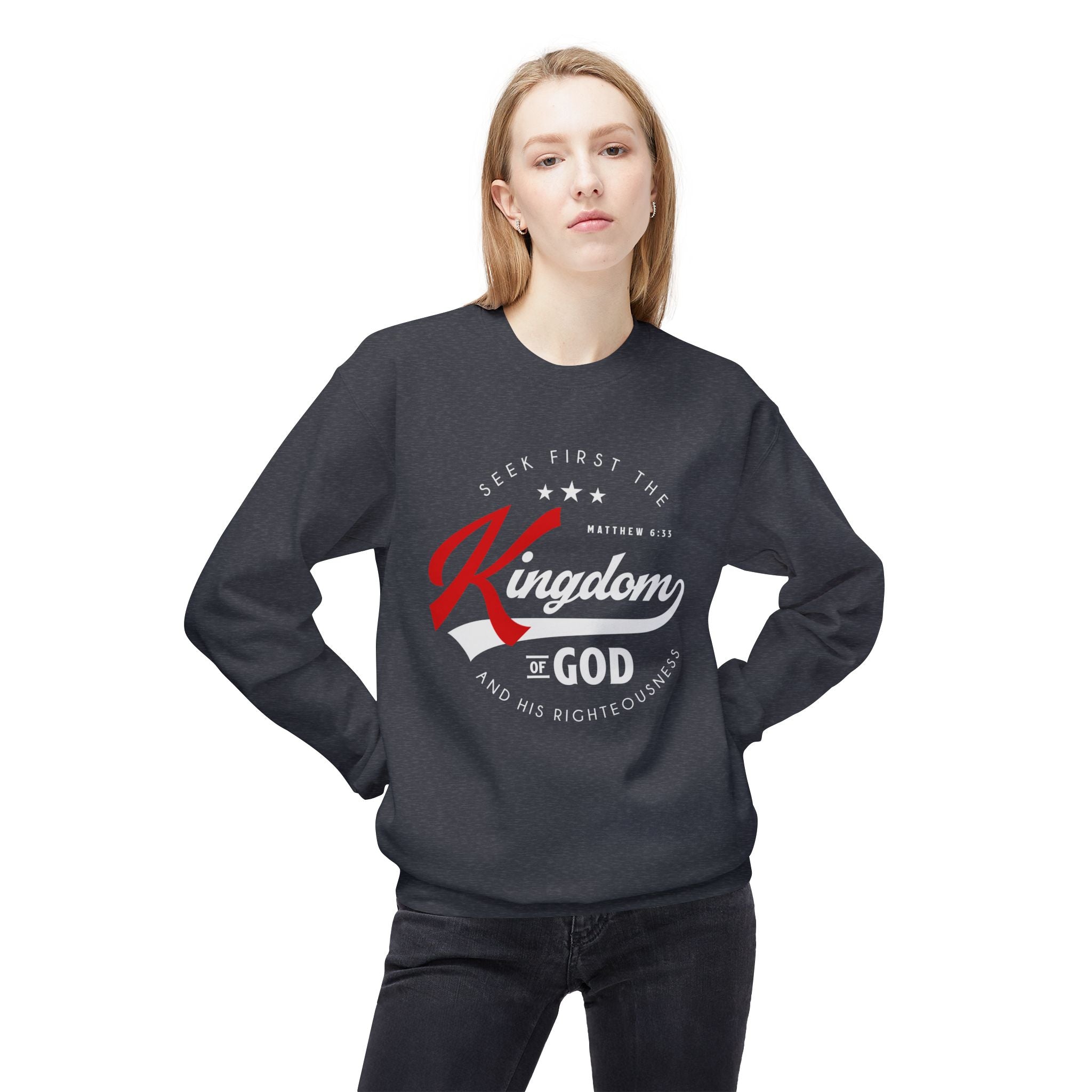 Unisex midweight softstyle fleece crewneck sweatshirt with "Seek First the Kingdom of God" print in black on light gray fabric.