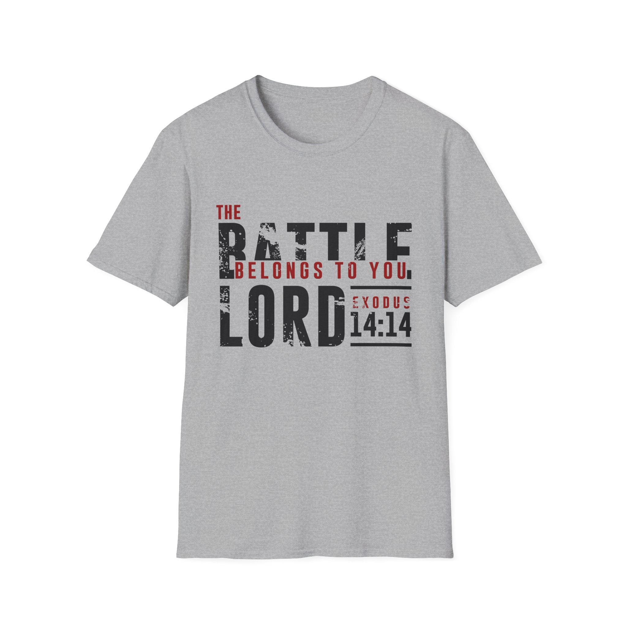 Unisex Softstyle T-Shirt with "The Battle Belongs to the Lord" print in black on a white fabric, casual Christian-themed apparel.
