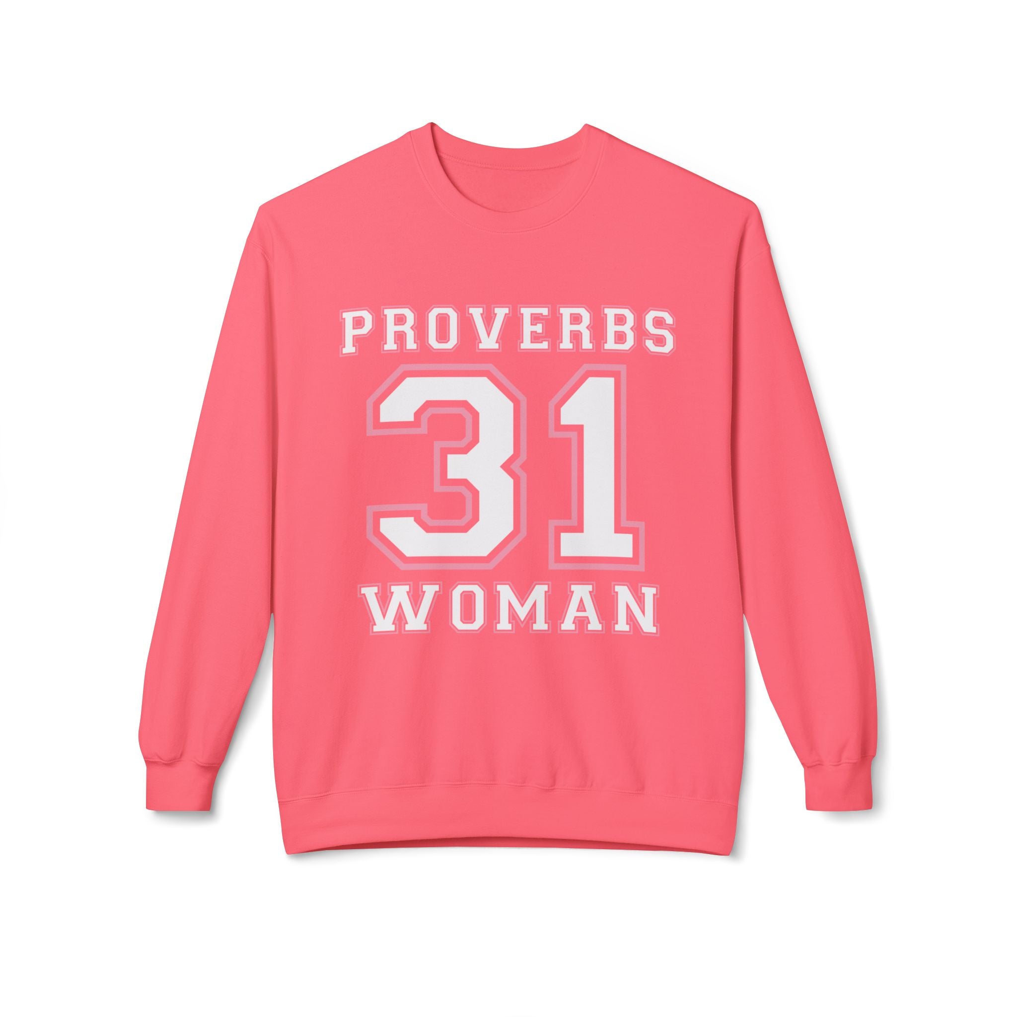 Unisex midweight softstyle fleece crewneck sweatshirt with Proverbs 31 Woman text, in a comfortable, casual fit by Printify.