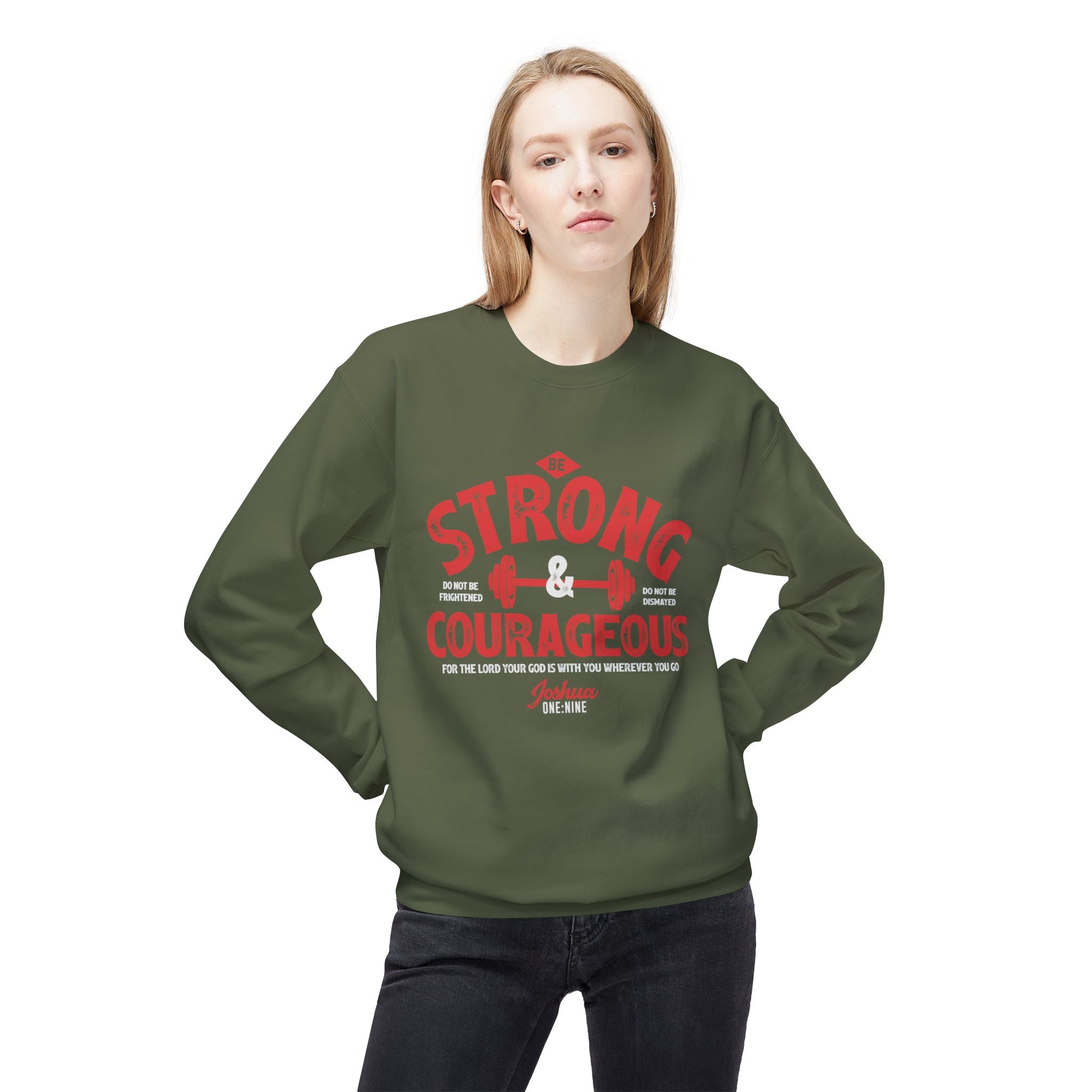Unisex midweight softstyle fleece crewneck sweatshirt with "Be Strong and Courageous" message, Printify brand, light gray color.
