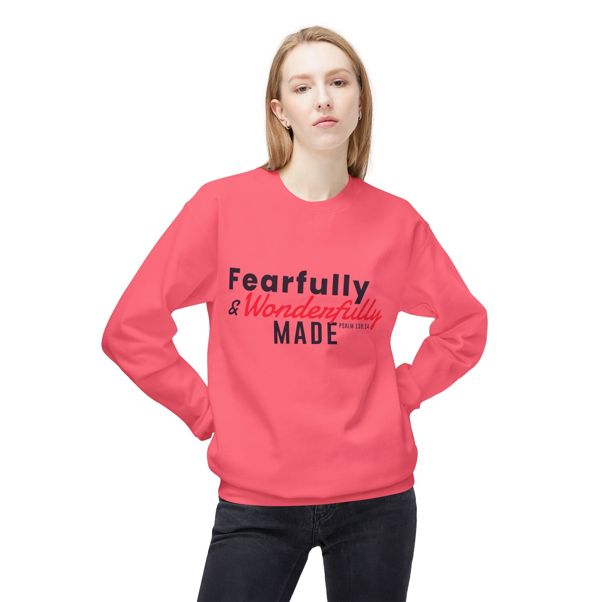 Unisex midweight softstyle fleece crewneck sweatshirt with "Fearfully and Wonderfully Made" print in black on a gray fabric background.