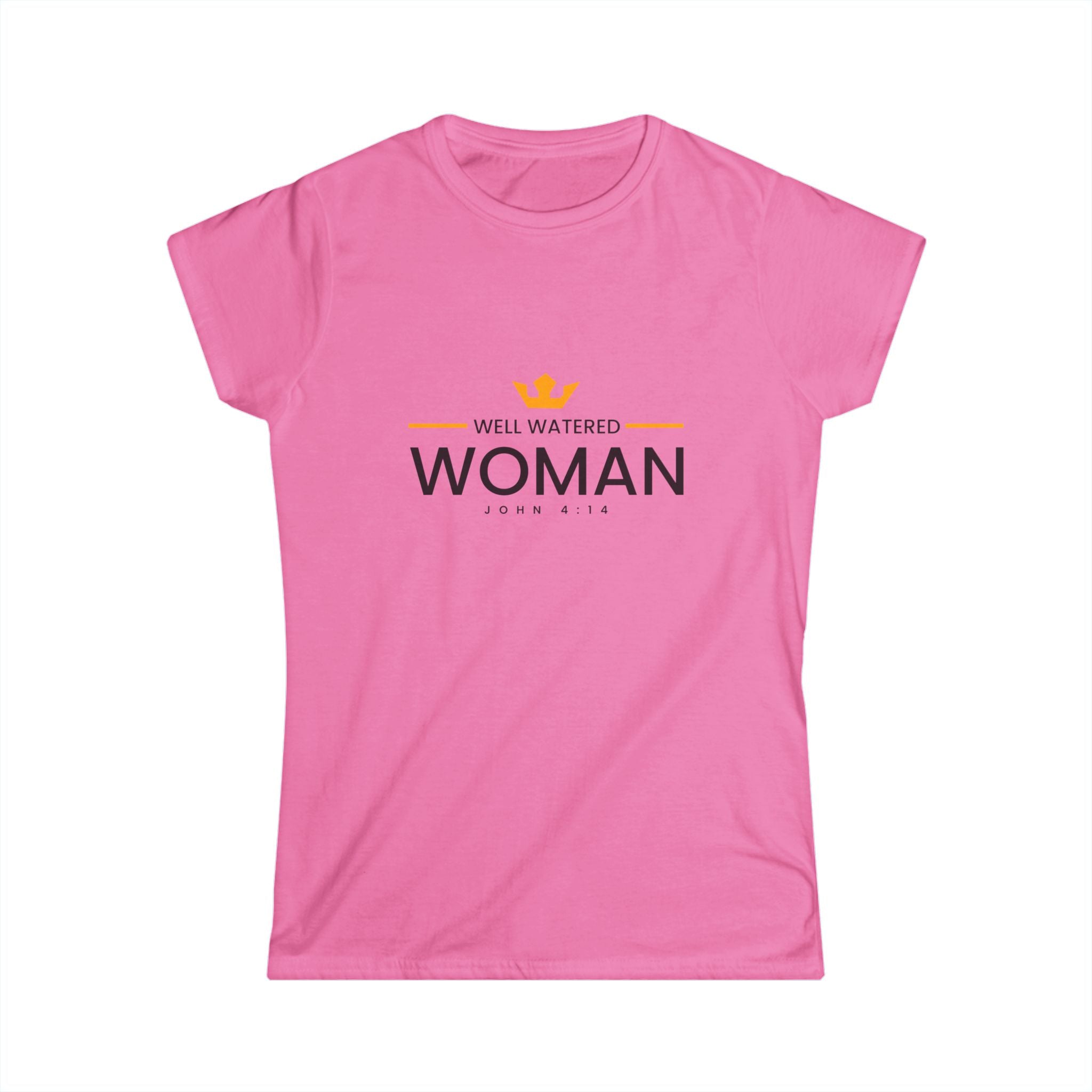 Women's Softstyle T-shirt by Printify featuring a well-watered woman graphic and vibrant water-themed design.