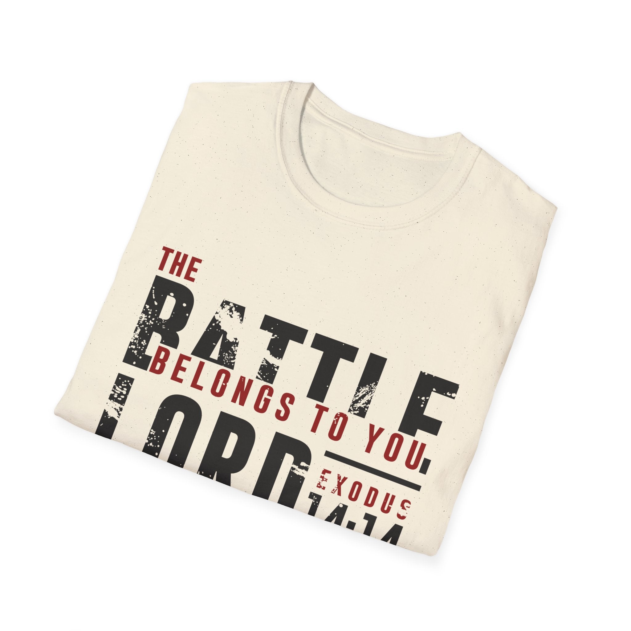 Unisex softstyle T-shirt with Christian battle theme design by Printify, featuring bold text and spiritual graphics.