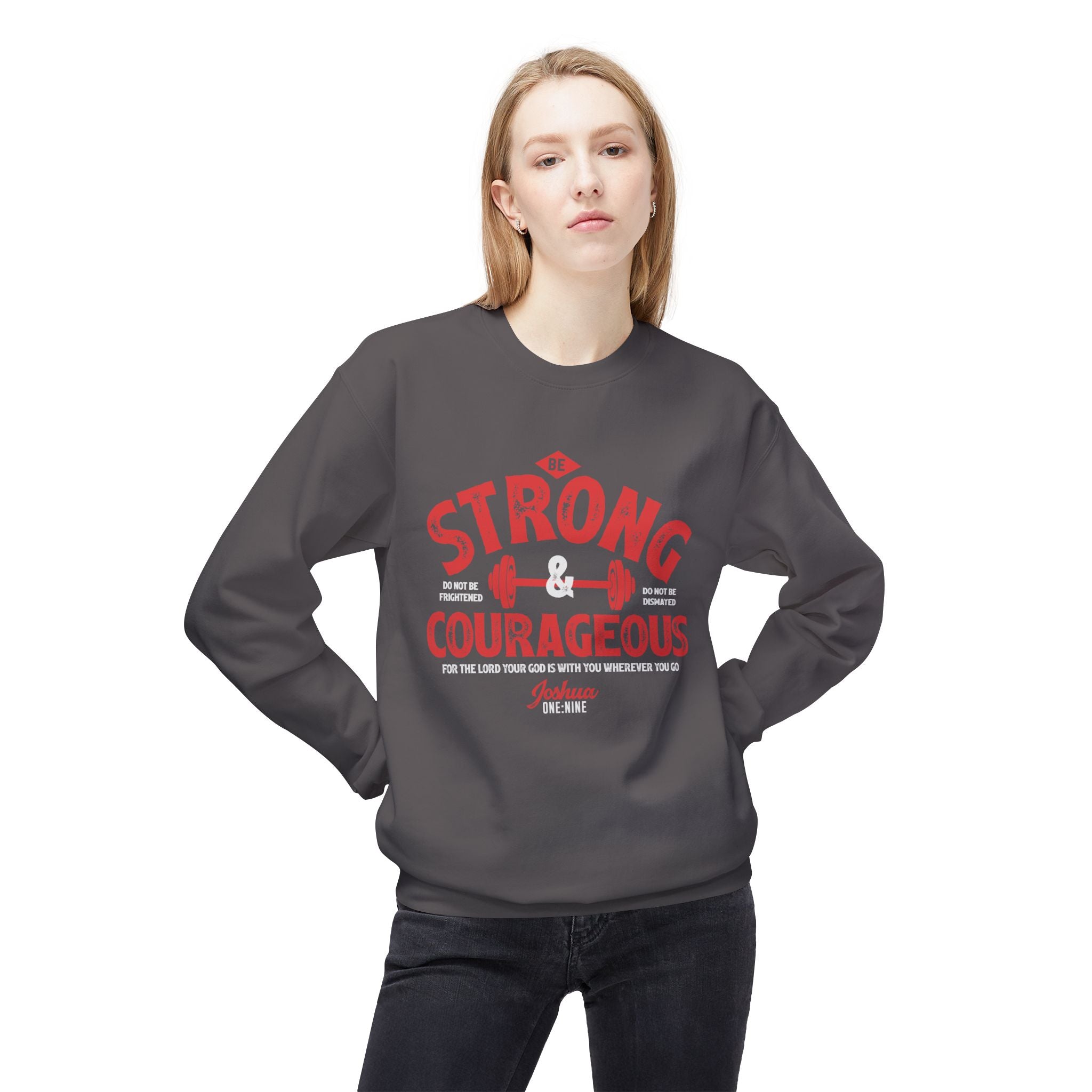 Unisex midweight softstyle fleece crewneck sweatshirt with "Be Strong and Courageous" printed design, by Printify.