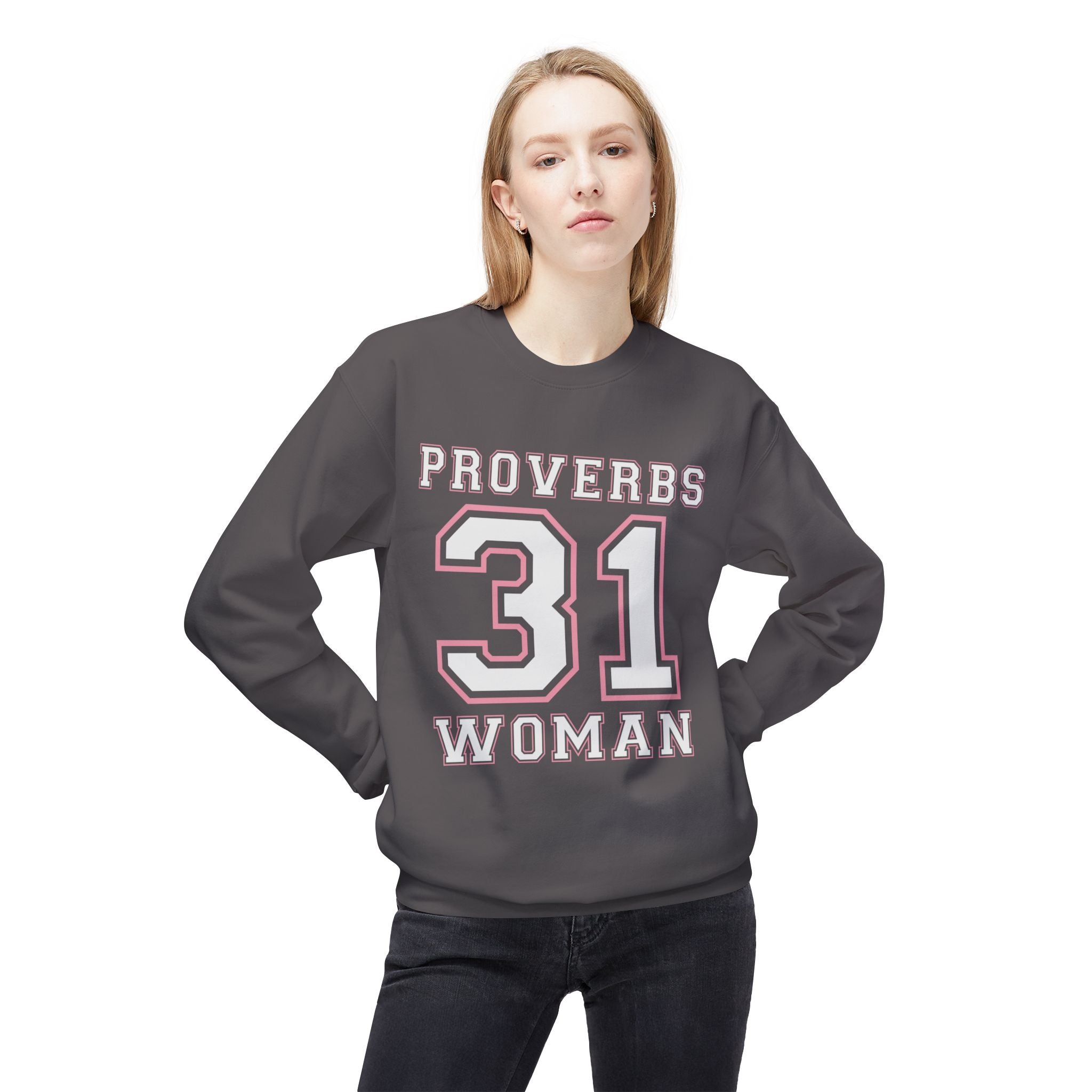Unisex midweight softstyle fleece crewneck sweatshirt with Proverbs 31 Woman design, in a cozy, casual style.