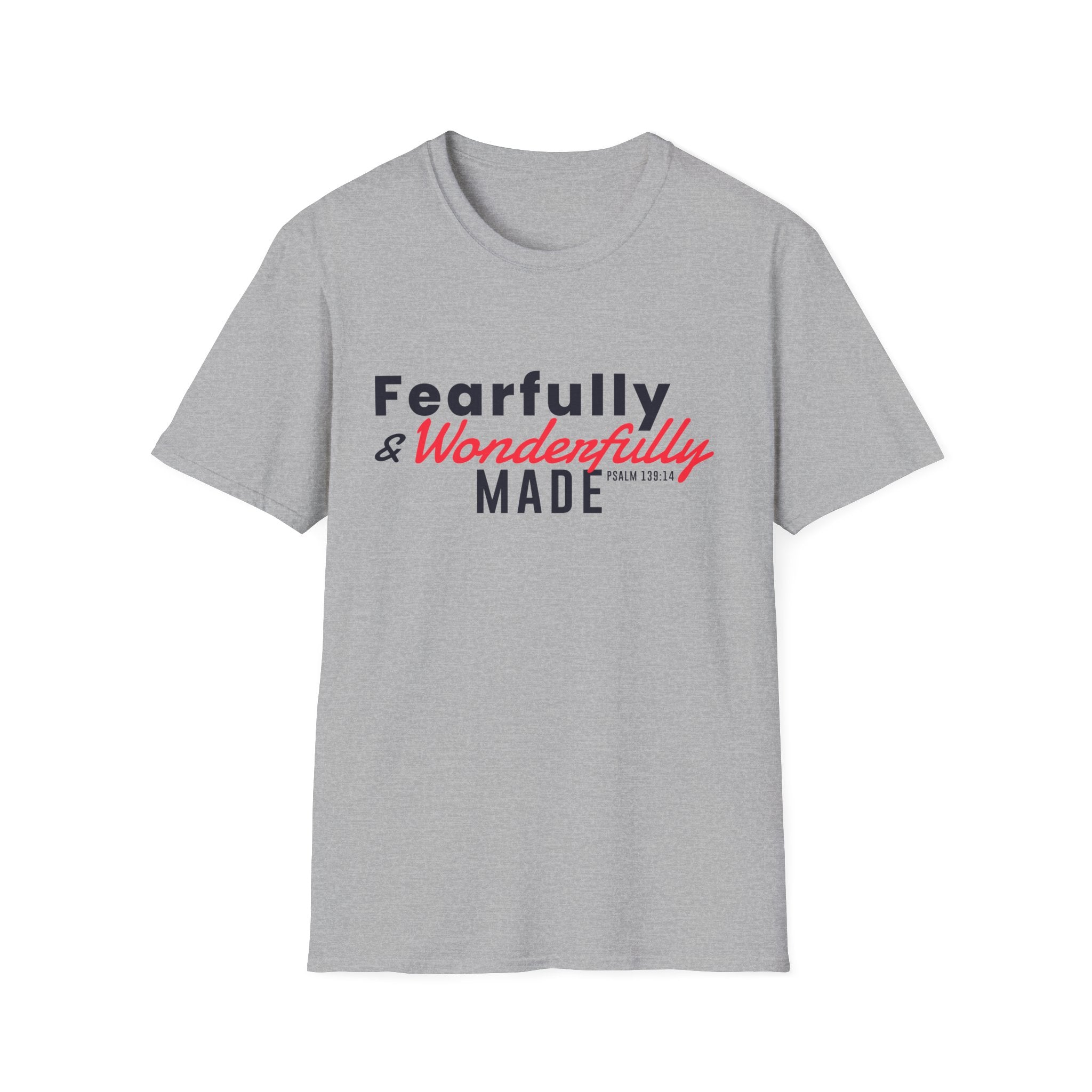 Unisex softstyle T-shirt with "Fearfully and Wonderfully Made" print, casual fit, in soft fabric with printed design on front.