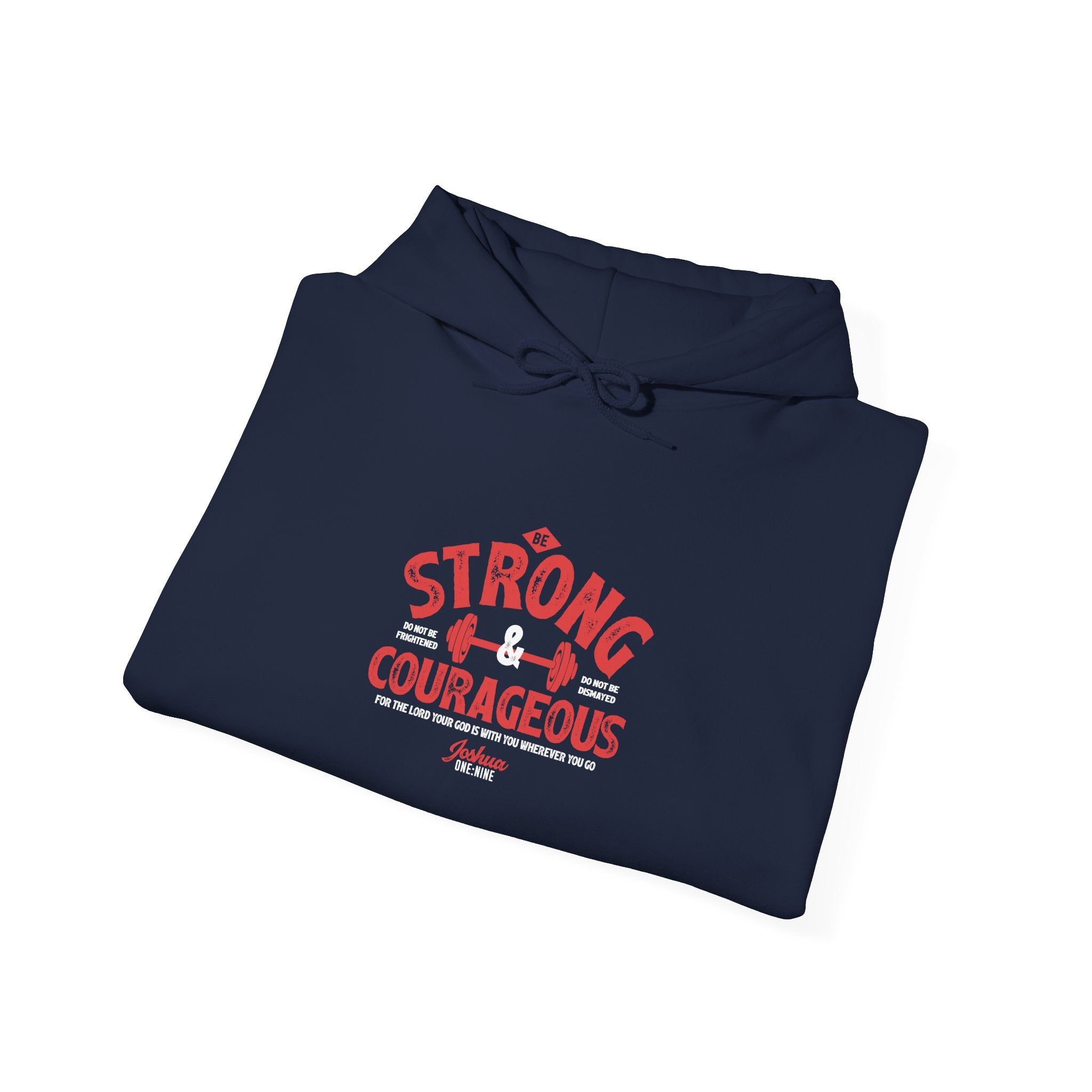 Unisex Heavy Blend™ hoodie with "Be Strong and Courageous" printed slogan, casual sweatshirt in a natural setting.