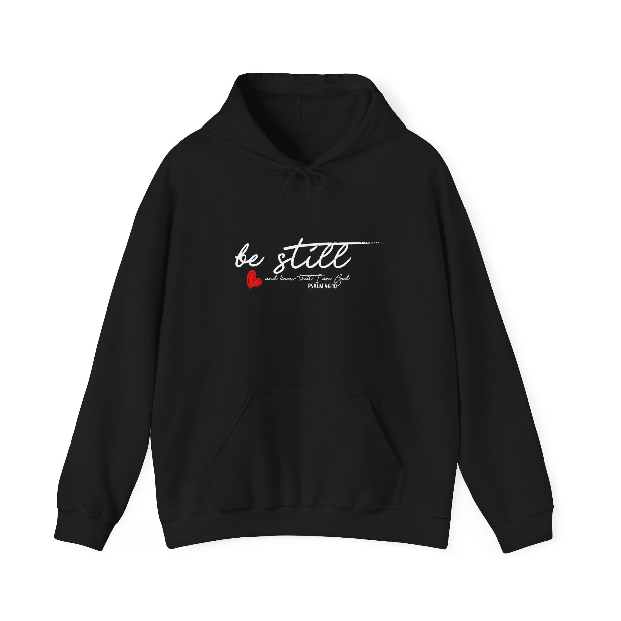 Unisex Heavy Blend™ Be Still hoodie by Printify featuring a comfortable hooded sweatshirt with a be still design, casual fit.