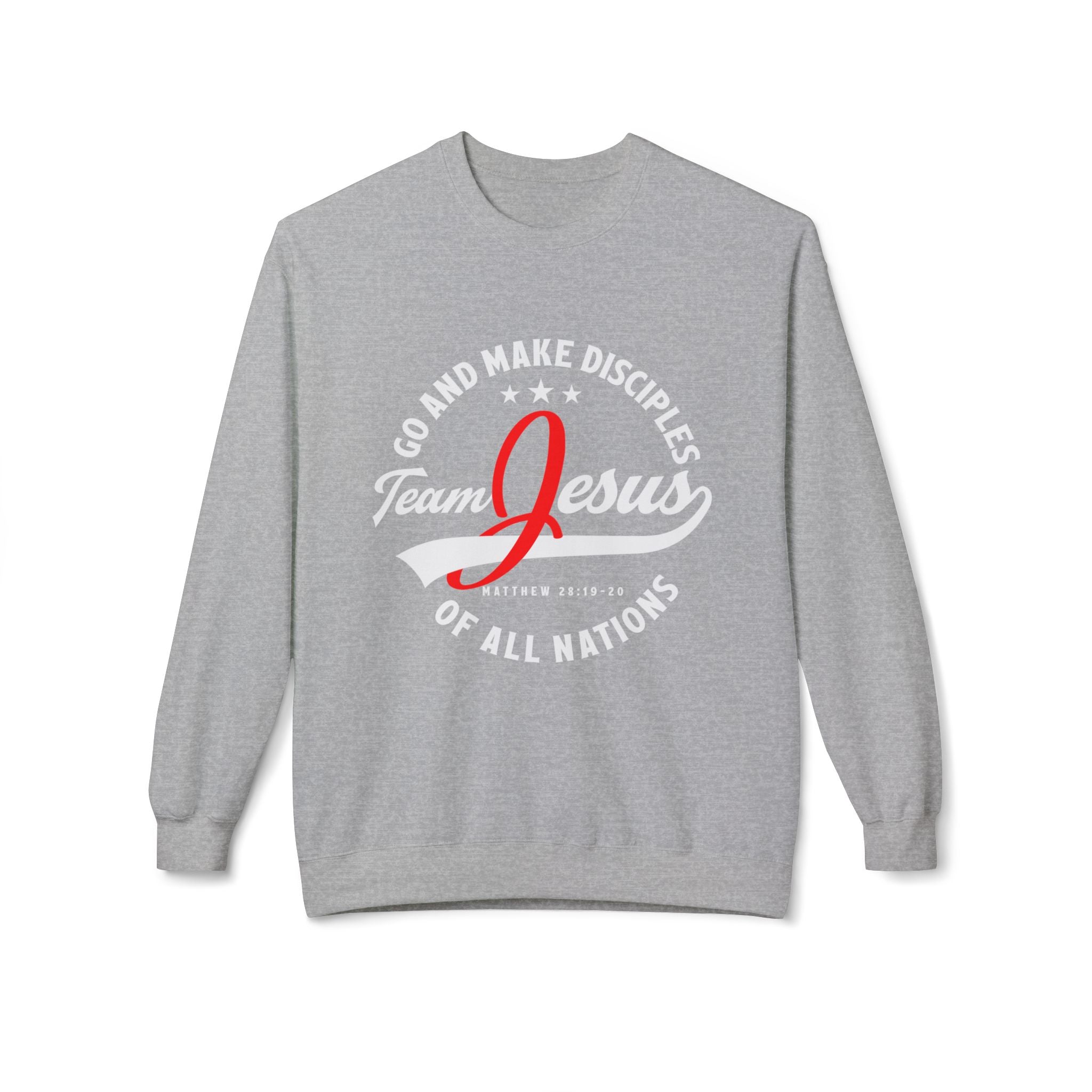 Unisex midweight softstyle fleece crewneck sweatshirt with "Team Jesus" print, featuring a comfortable fit and casual style.